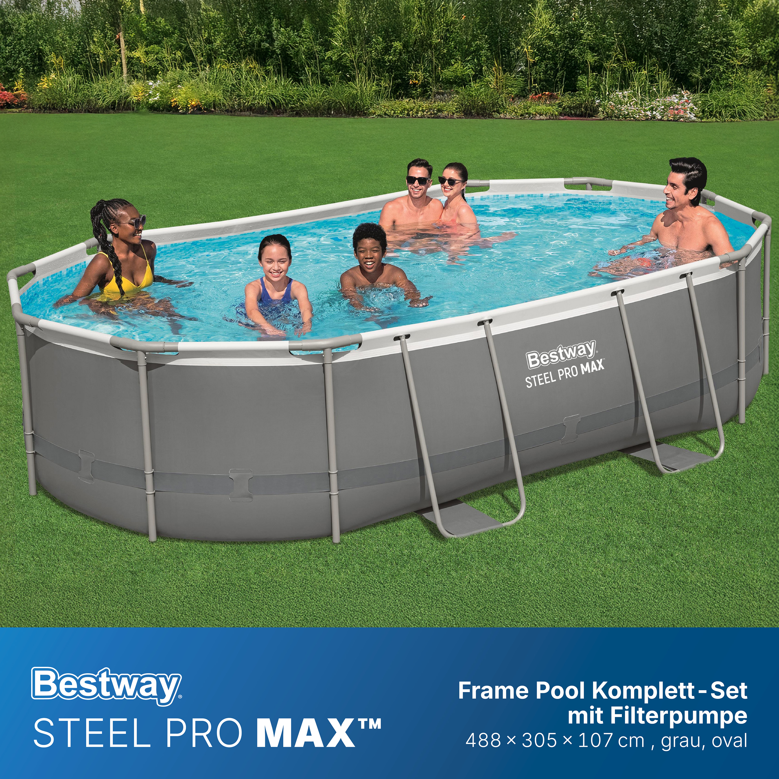 Steel Pro MAX™ Frame Pool Komplett Set mit Filterpumpe 488 x 305 x 107 cm, grau, oval