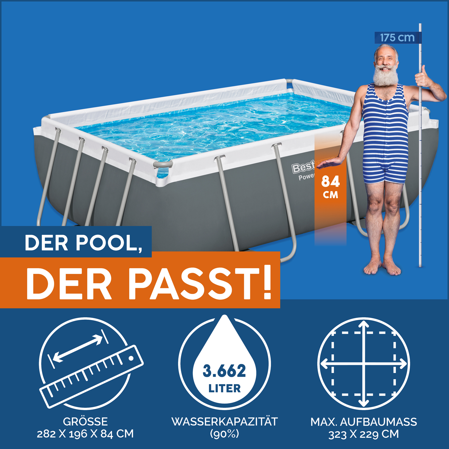 Power Steel™ Frame Pool Set mit Filterpumpe 282 x 196 x 84 cm, grau, eckig
