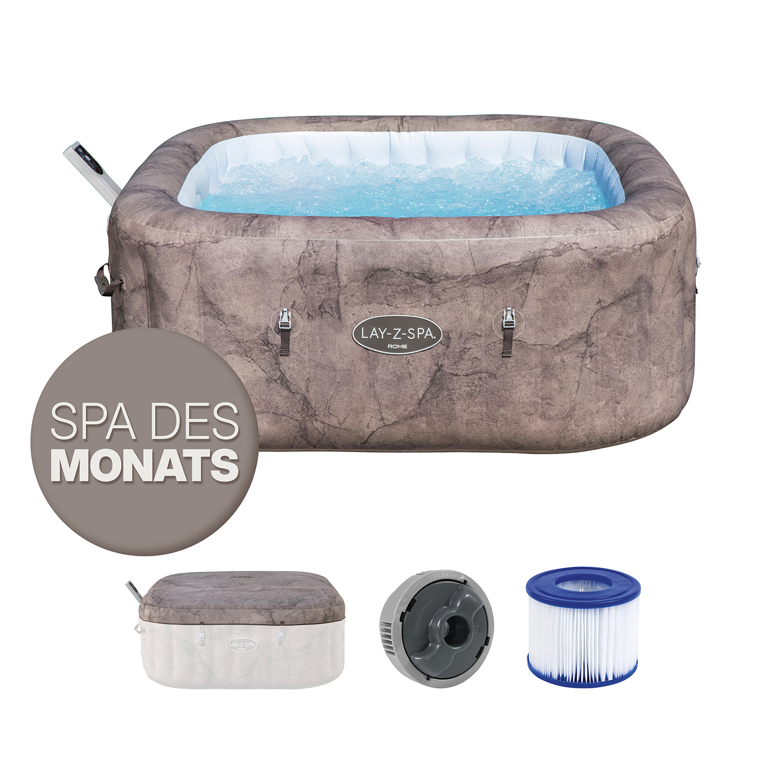 LAY-Z-SPA® Energiespar Whirlpool Rome AirJet™ mit App-Steuerung, für 6 Personen, 180 x 180 x 71 cm, Marmor-Optik (Braun)
