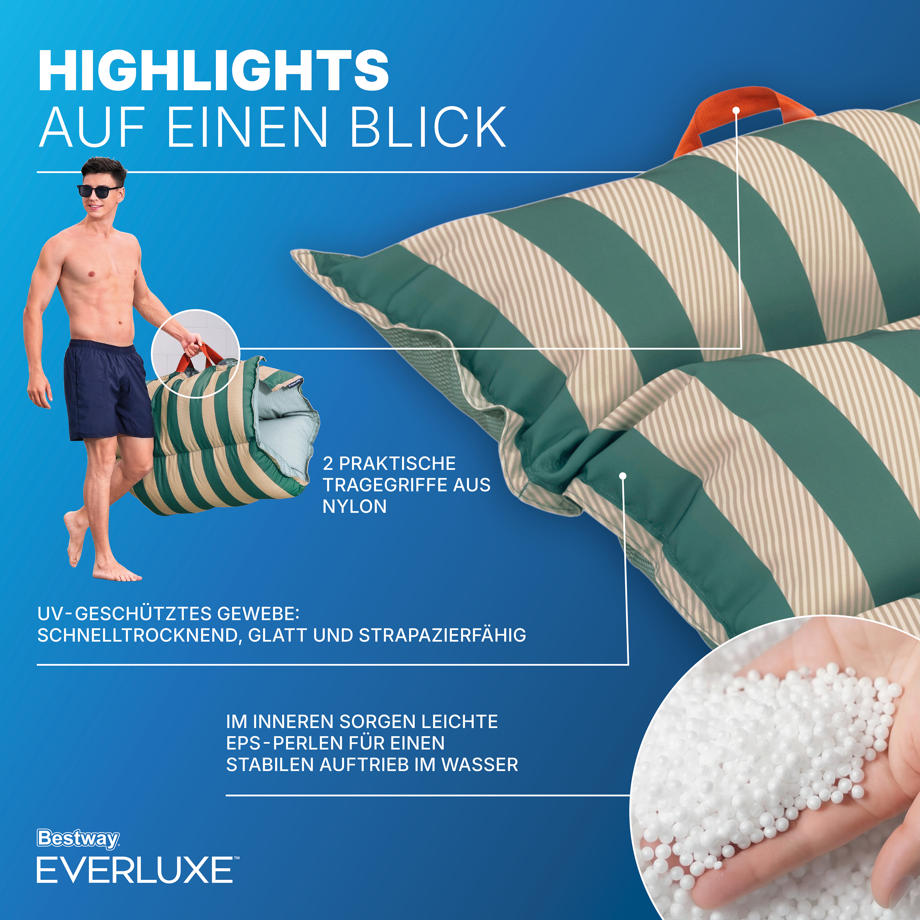Everluxe™ Poolliege mit Textiloberfläche und EPS-Perlen-Füllung, 183 x 90 x 20 cm
