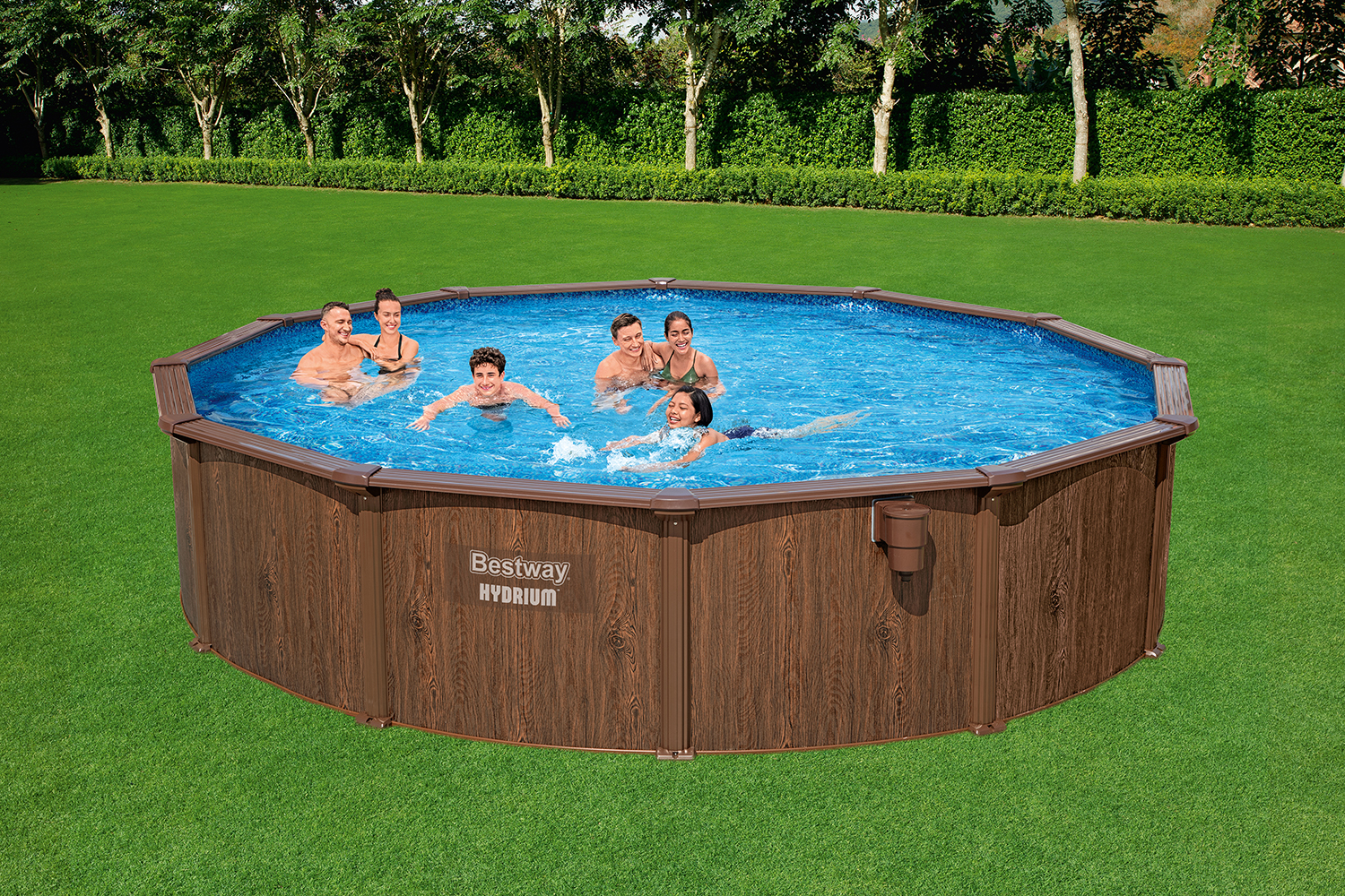 Hydrium™ Stahlwandpool Komplett-Set mit Sandfilteranlage  Ø 488 x 132 cm, Holz-Optik (Palisander), rund