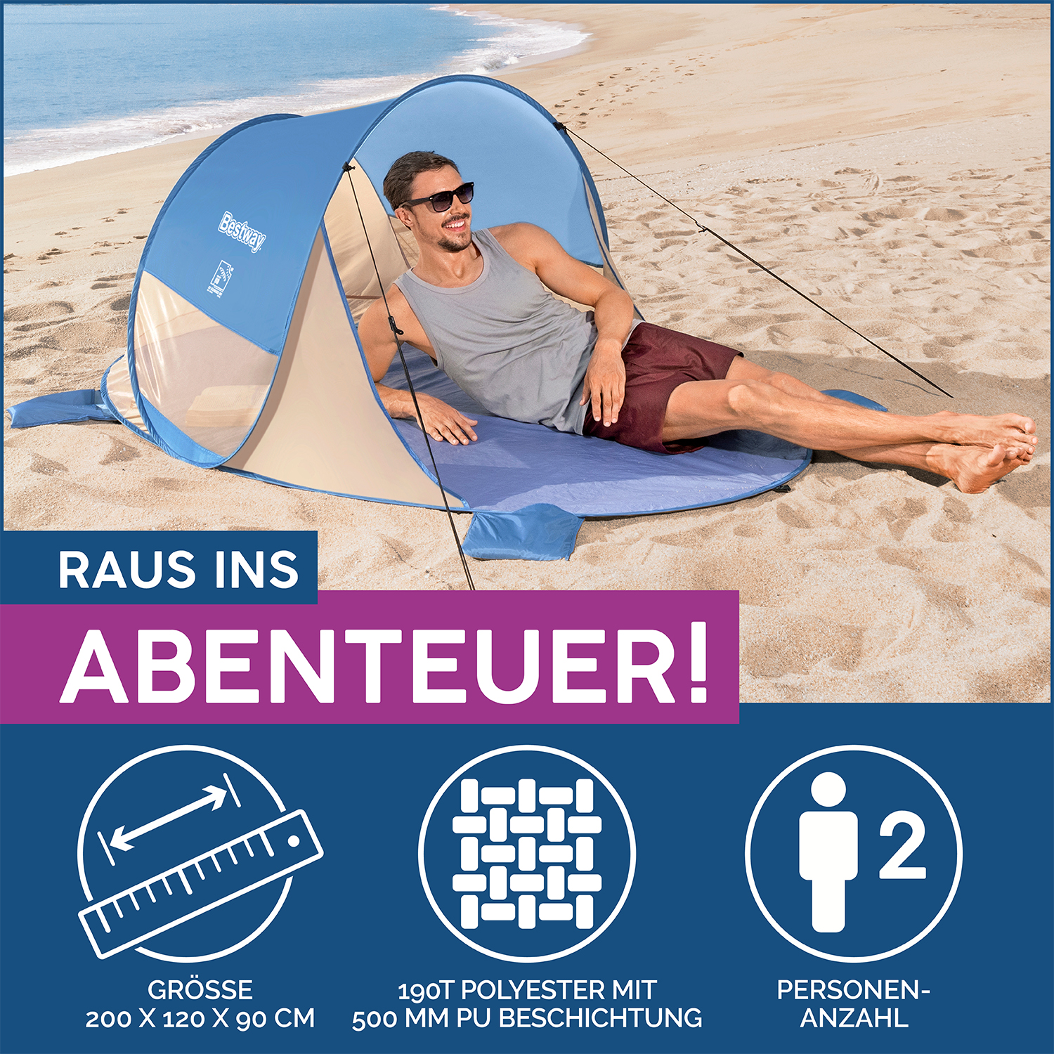 Pop-Up Strandmuschel Beach Quick 2 200 x 120 x 90 cm