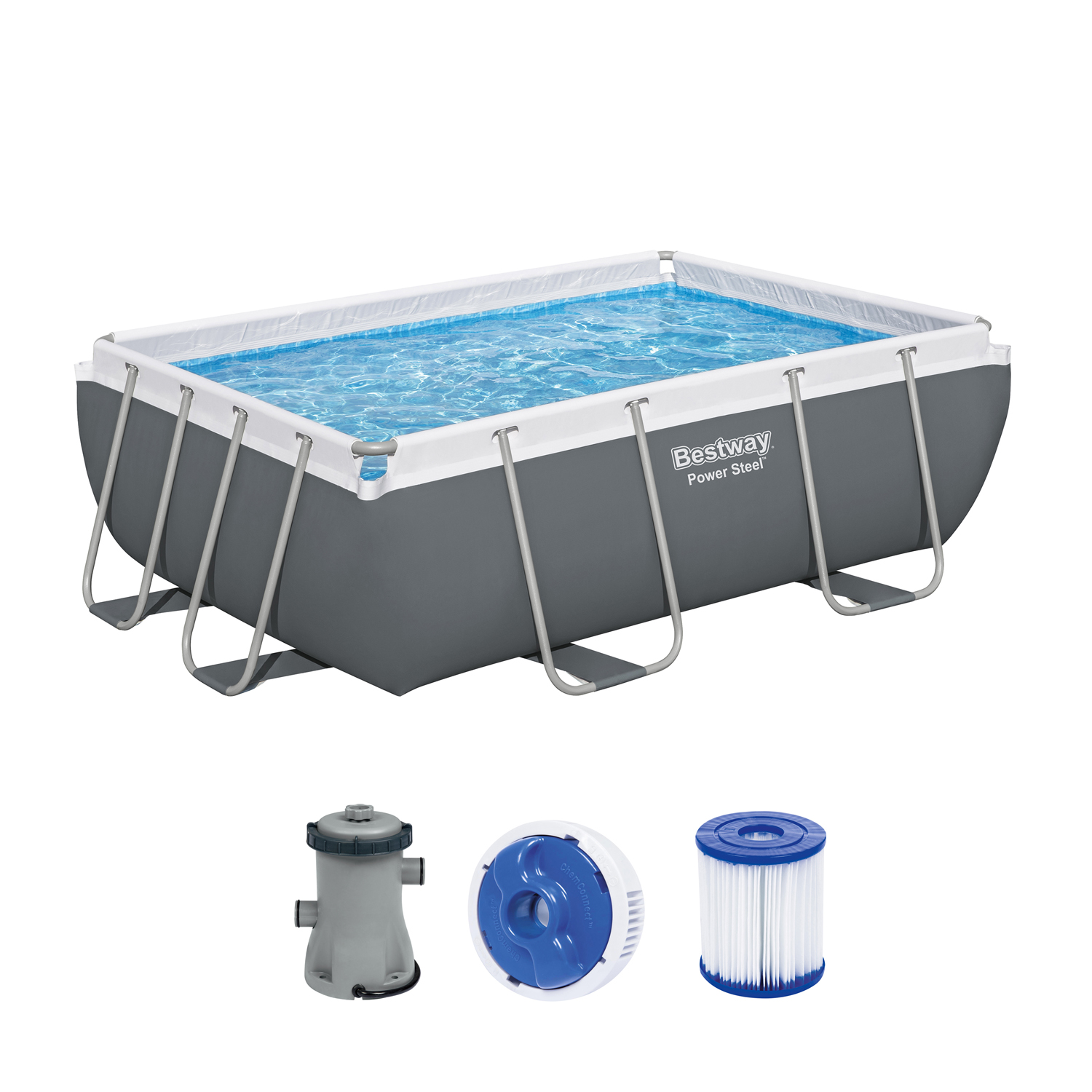 Power Steel™ Frame Pool Set mit Filterpumpe 282 x 196 x 84 cm, grau, eckig