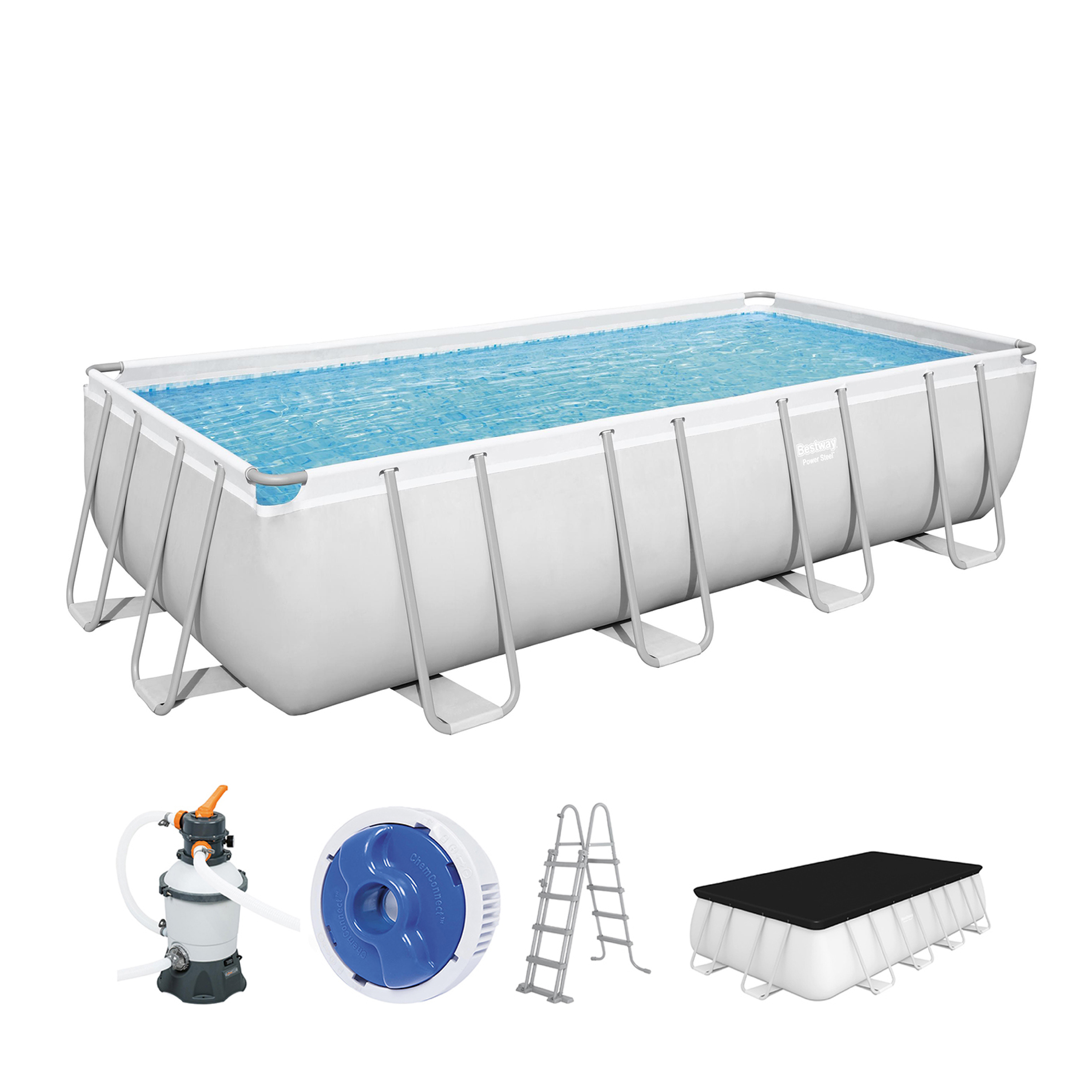 Power Steel™ Frame Pool Komplett Set mit Sandfilteranlage 488 x 244 x 122 cm, lichtgrau, eckig