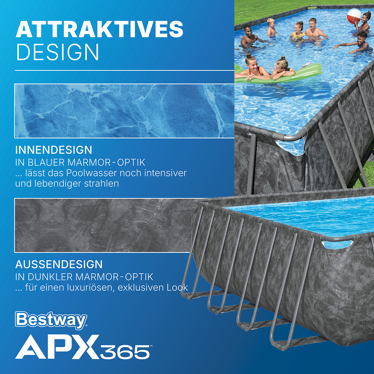 APX365™ Winterfestes Frame Pool Komplett-Set mit Sandfilteranlage 956 x 488 x 132 cm, Marmor-Optik (Dunkel), eckig APX365™ Winterfestes Frame Pool Komplett Set mit Sandfilteranlage 956 x 488 x 132 cm, Marmor-Optik (Dunkel), eckig