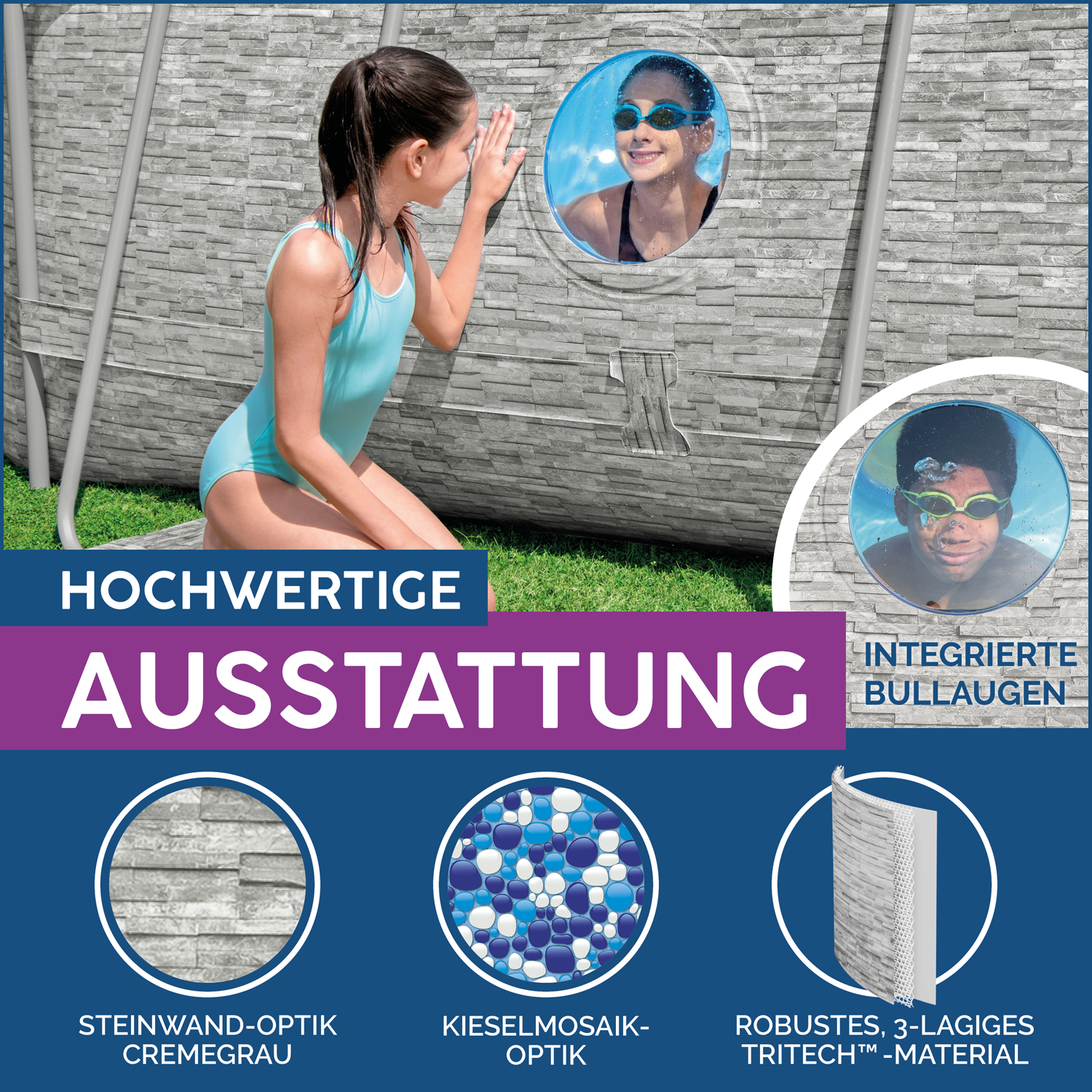Power Steel™ Swim Vista Series™ Frame Pool Komplett-Set mit Filterpumpe 549 x 274 x 122 cm, Steinwand-Optik (Cremegrau), oval