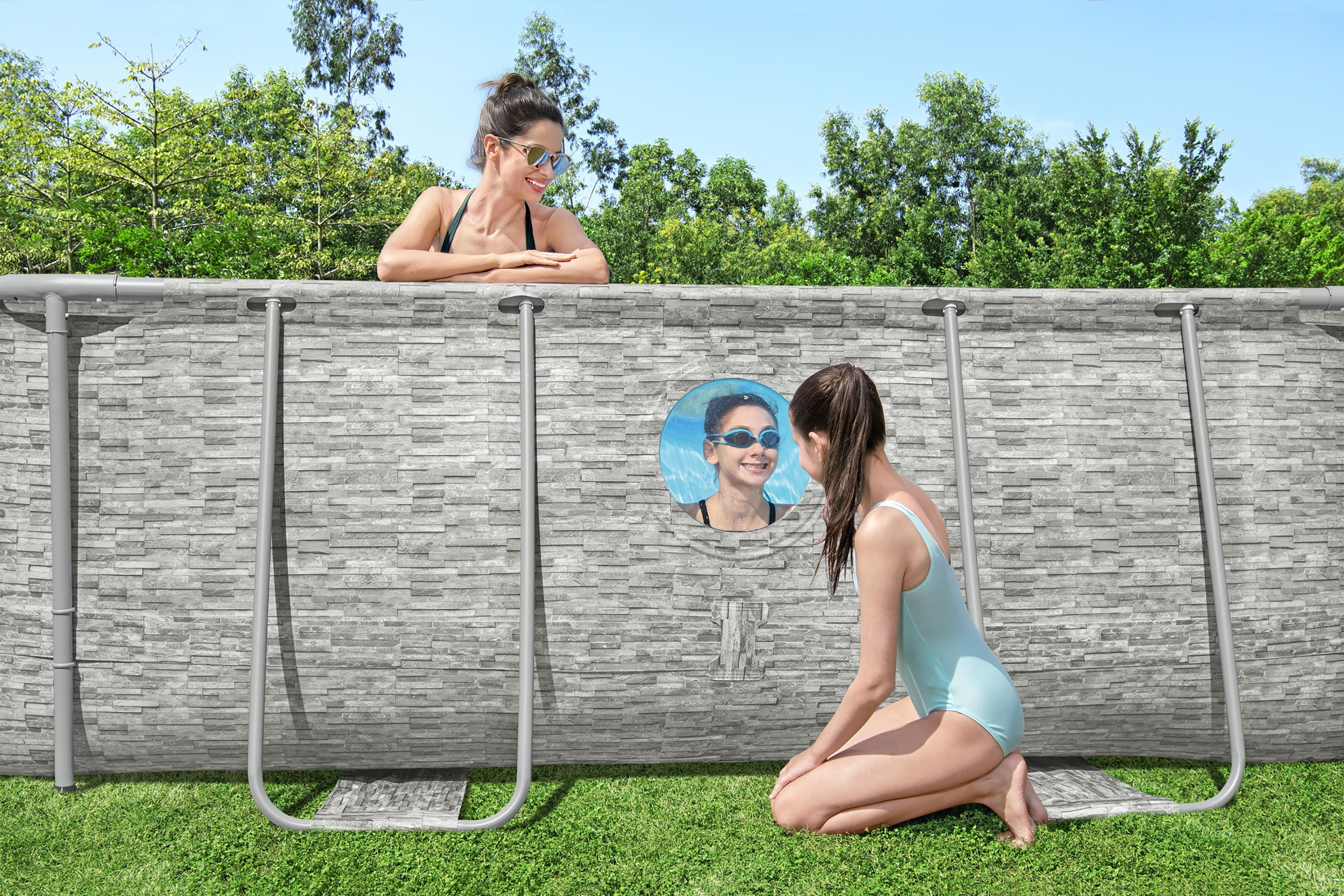 Steel Pro MAX™ Splashview™ Frame Pool Komplett Set mit Sandfilteranlage 488 x 305 x 107 cm , Steinwand-Optik (Cremegrau), oval