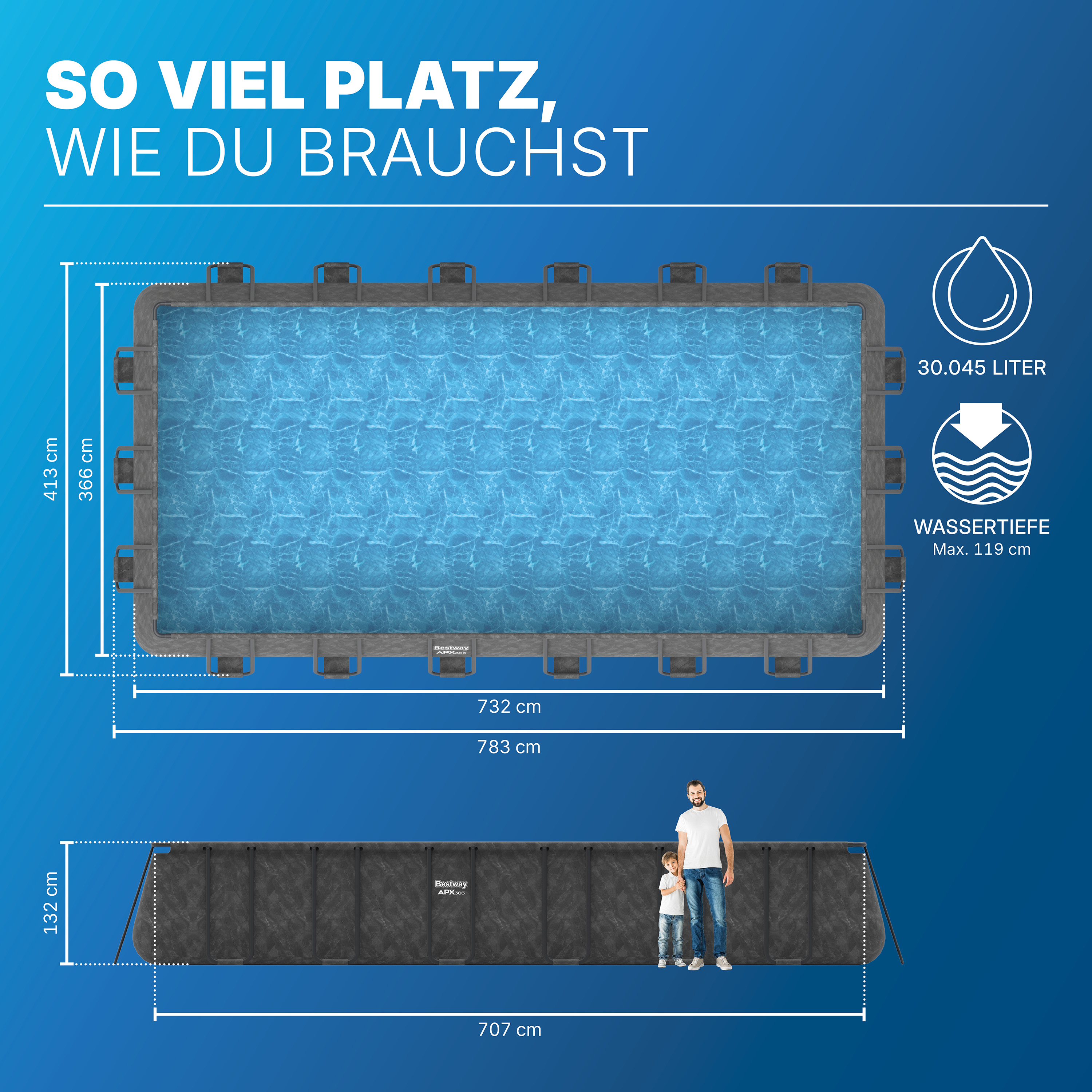 APX365™ Winterfestes Frame Pool Komplett Set mit Sandfilteranlage 732 x 366 x 132 cm, Marmor-Optik (Dunkel), eckig