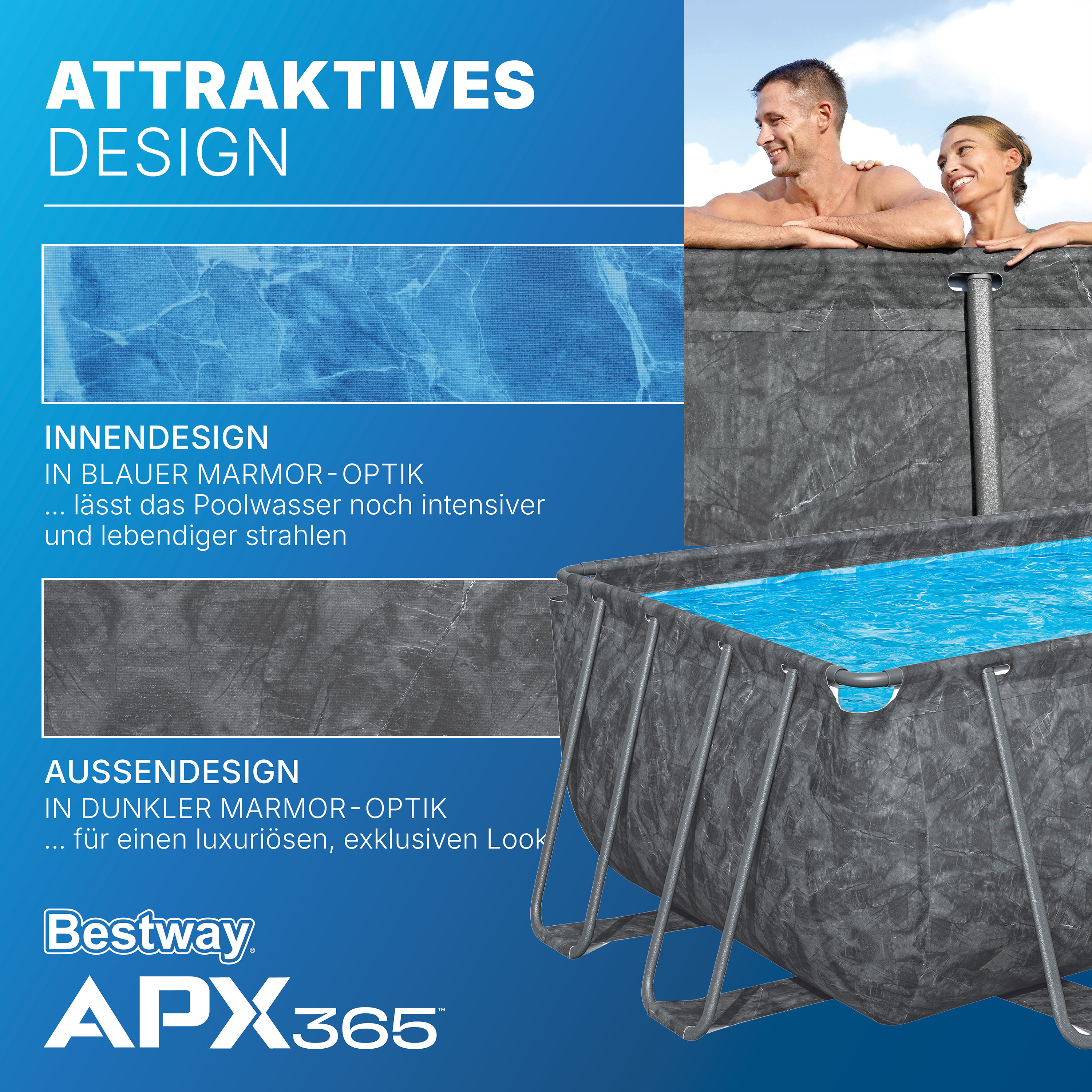 APX365™ Winterfestes Frame Pool Komplett Set mit Sandfilteranlage 549 x 274 x 132 cm, Marmor-Optik (Dunkel), eckig