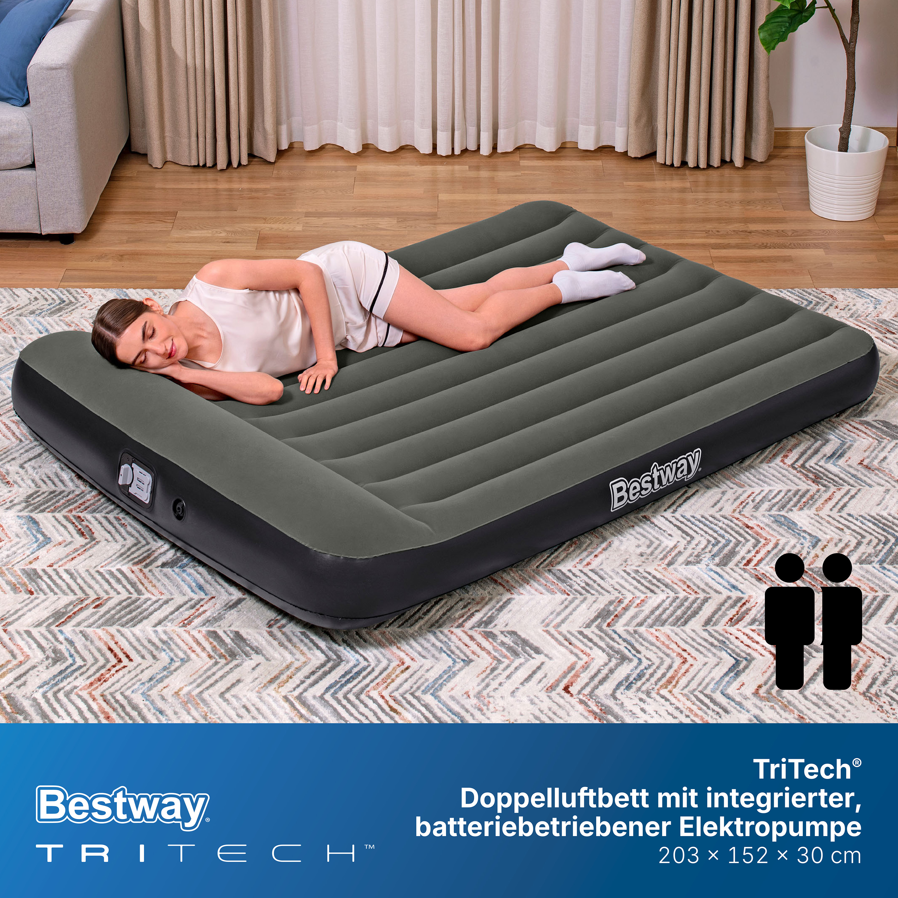 TriTech® Doppelluftbett mit integrierter, batteriebetriebener Elektropumpe 203 x 152 x 30 cm
