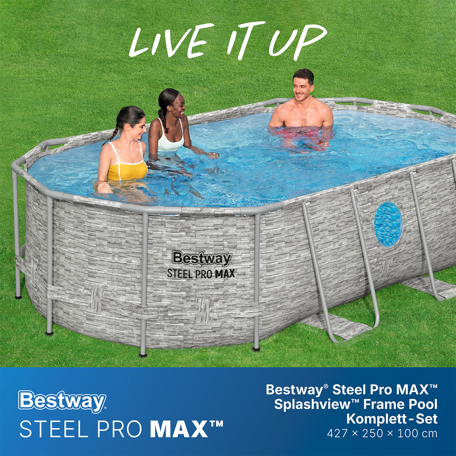 Steel Pro MAX™ Splashview™ Frame Pool Komplett Set mit Filterpumpe 427 x 250 x 100 cm, Steinwand-Optik (Cremegrau), oval