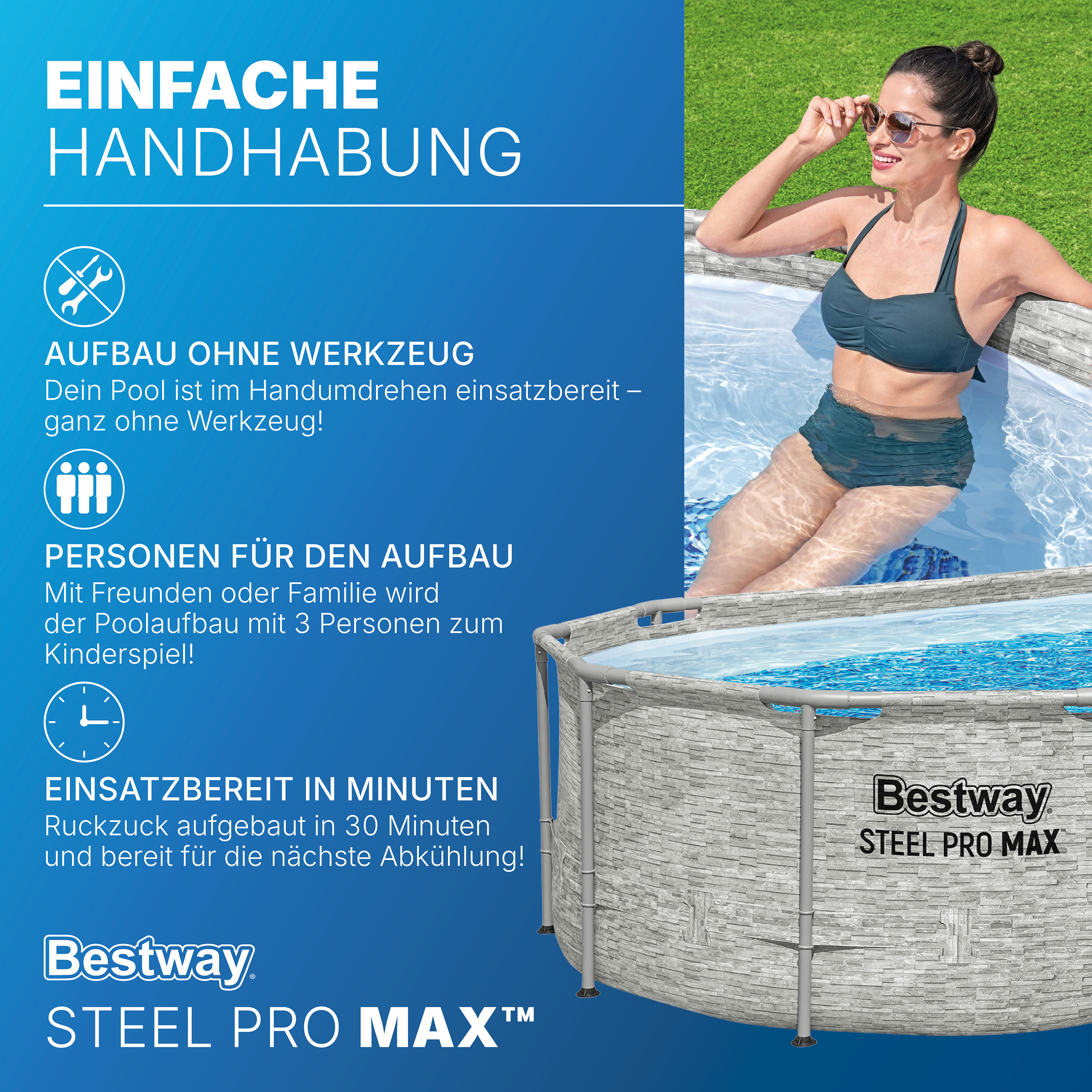 Steel Pro MAX™ Splashview™ Frame Pool Komplett Set mit Sandfilteranlage 488 x 305 x 107 cm , Steinwand-Optik (Cremegrau), oval