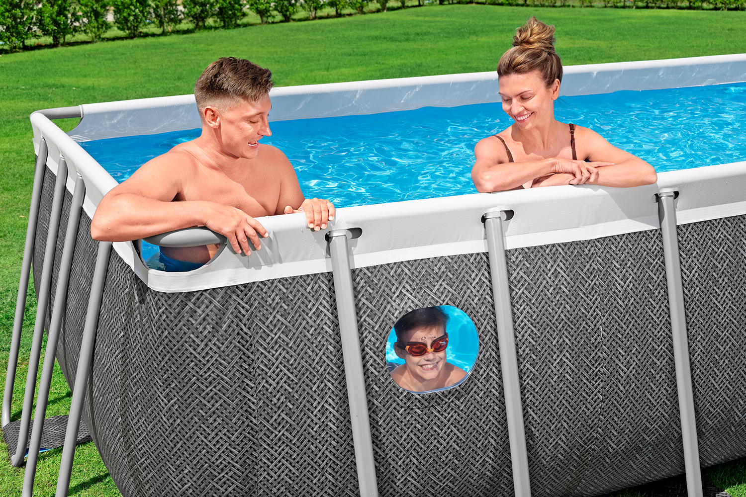 Steel Pro MAX™ Splashview™ Frame Pool Komplett-Set mit Filterpumpe  488 x 244 x 122 cm, Rattan-Optik (Schiefergrau), eckig
