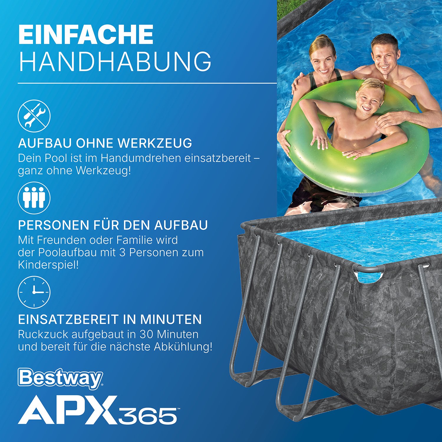 APX365™ Winterfestes Frame Pool Komplett-Set mit Sandfilteranlage 549 x 274 x 132 cm, Marmor-Optik (Dunkel), eckig