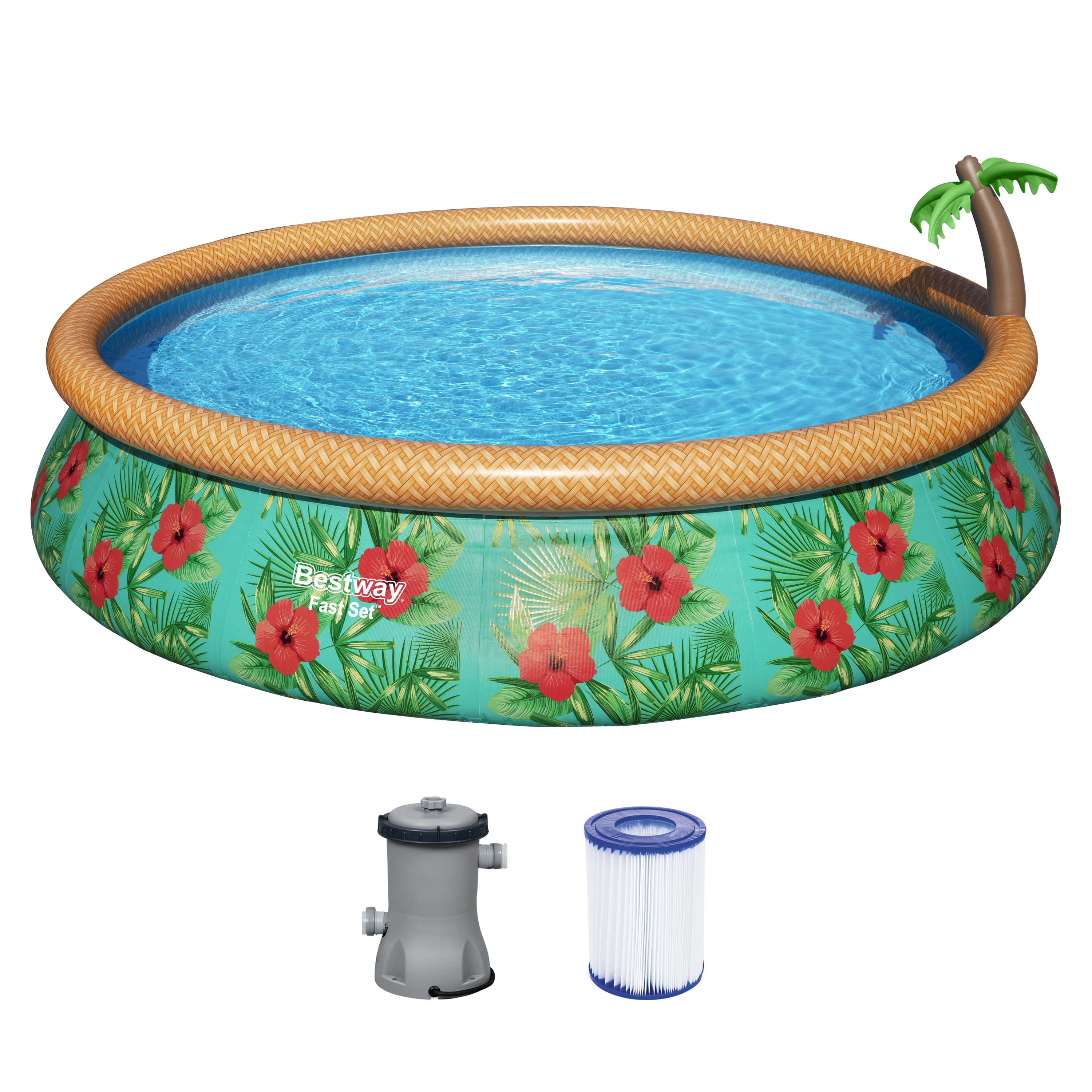 Fast Set™ Aufstellpool Set mit Wassersprinkler und Filterpumpe Ø 457 x 84 cm, Buntes Hawaii, rund