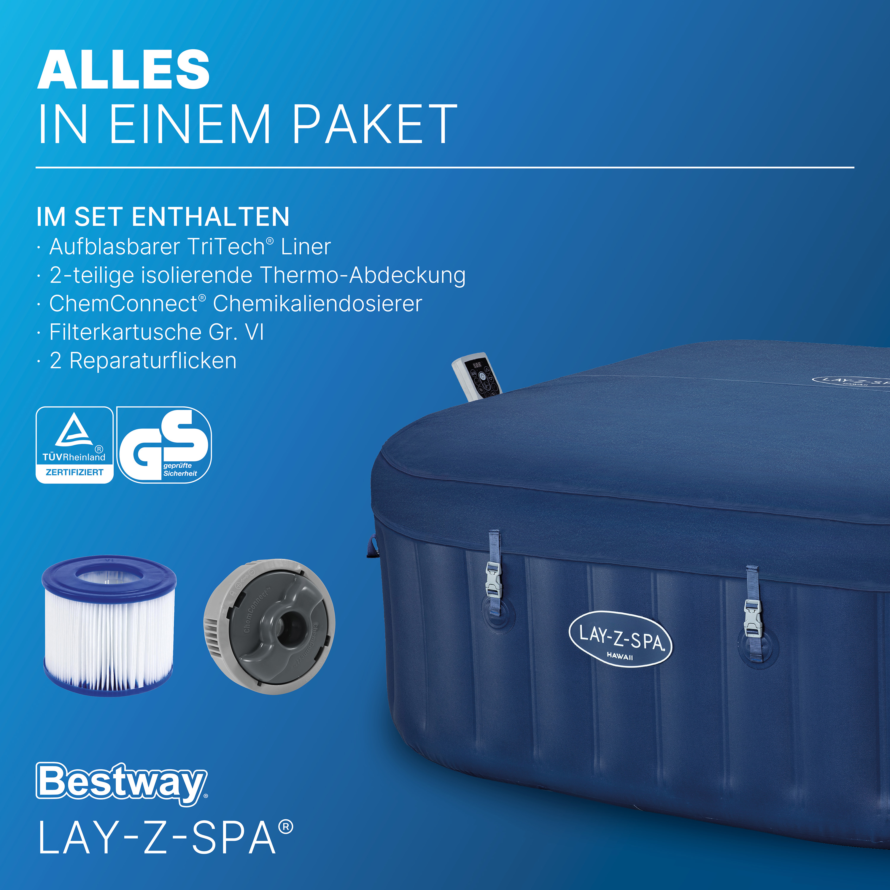 LAY-Z-SPA® Energiespar-Whirlpool Hawaii AirJet™ mit App-Steuerung, für 6 Personen, 180 x 180 x 71 cm, Kobaltblau