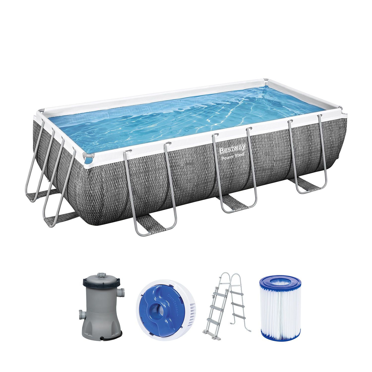 Power Steel™ Frame Pool Set mit Filterpumpe 404 x 201 x 100 cm, Rattan-Optik (Schiefergrau), eckig