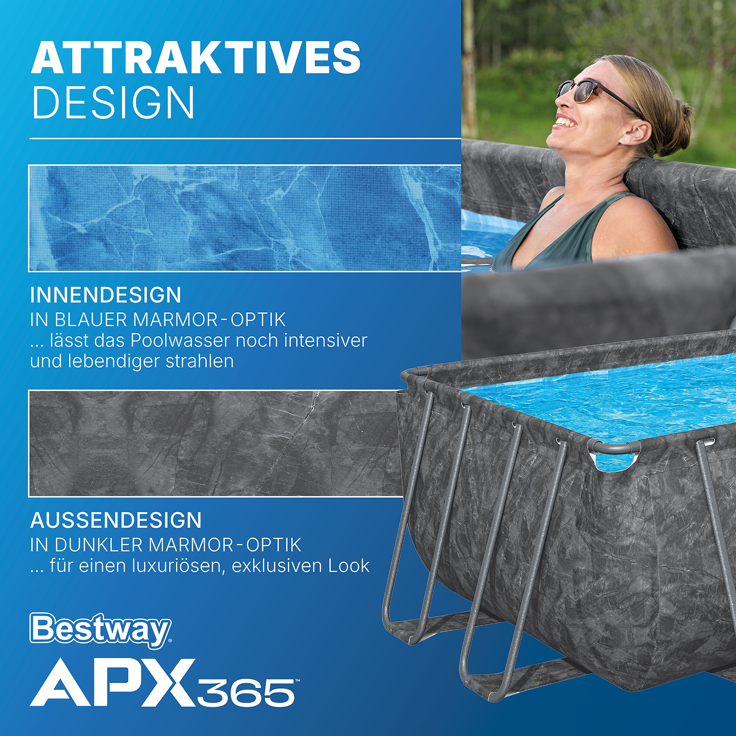 APX365™ Winterfestes Frame Pool Komplett-Set mit Sandfilteranlage 549 x 274 x 132 cm, Marmor-Optik (Dunkel), eckig