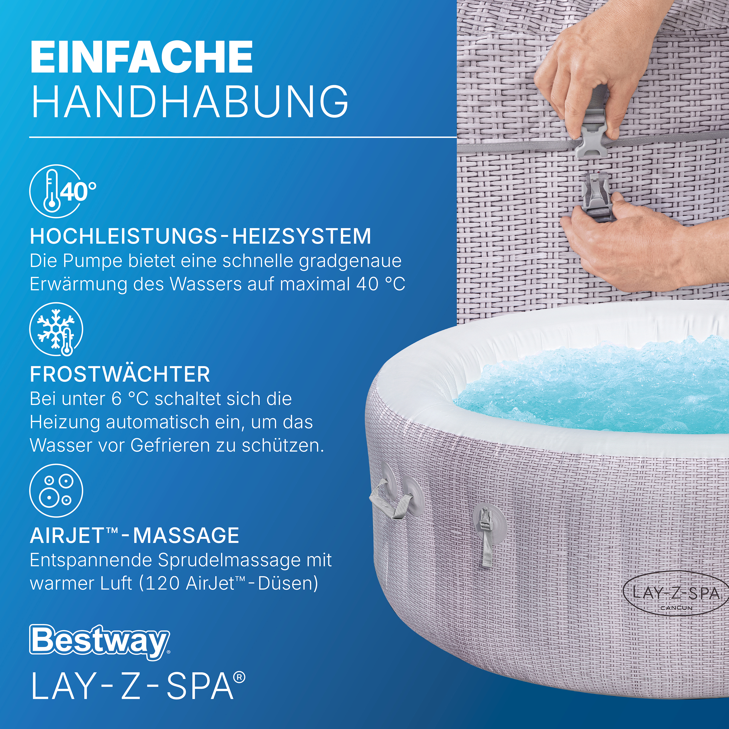 Bestway® LAY-Z-SPA® Whirlpool - Set Cancun AirJet™ mit Getränkehaltern & Kissen Ø 180 x 66 cm