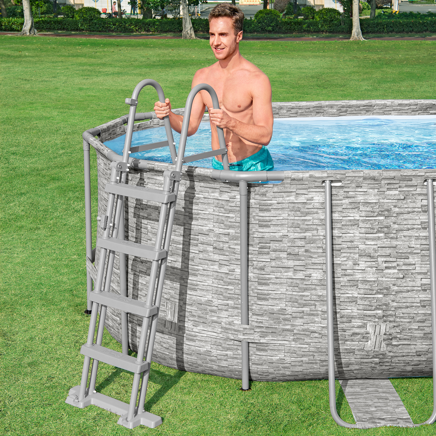 Steel Pro MAX™ Splashview™ Frame Pool Komplett-Set mit Filterpumpe 549 x 274 x 122 cm, Steinwand-Optik (Cremegrau), oval
