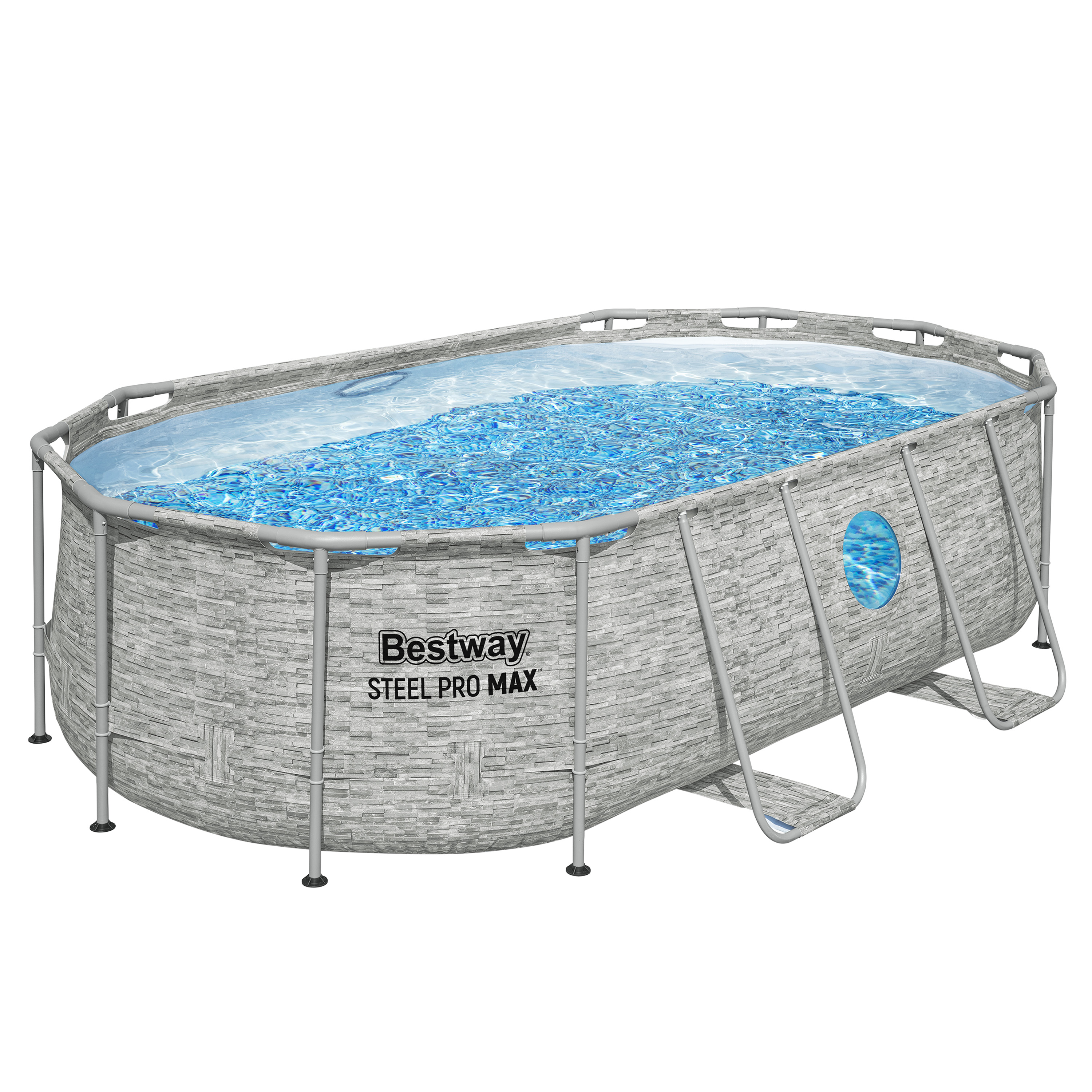 Steel Pro MAX™ Splashview™ Frame Pool Komplett Set mit Filterpumpe 427 x 250 x 100 cm, Steinwand-Optik (Cremegrau), oval