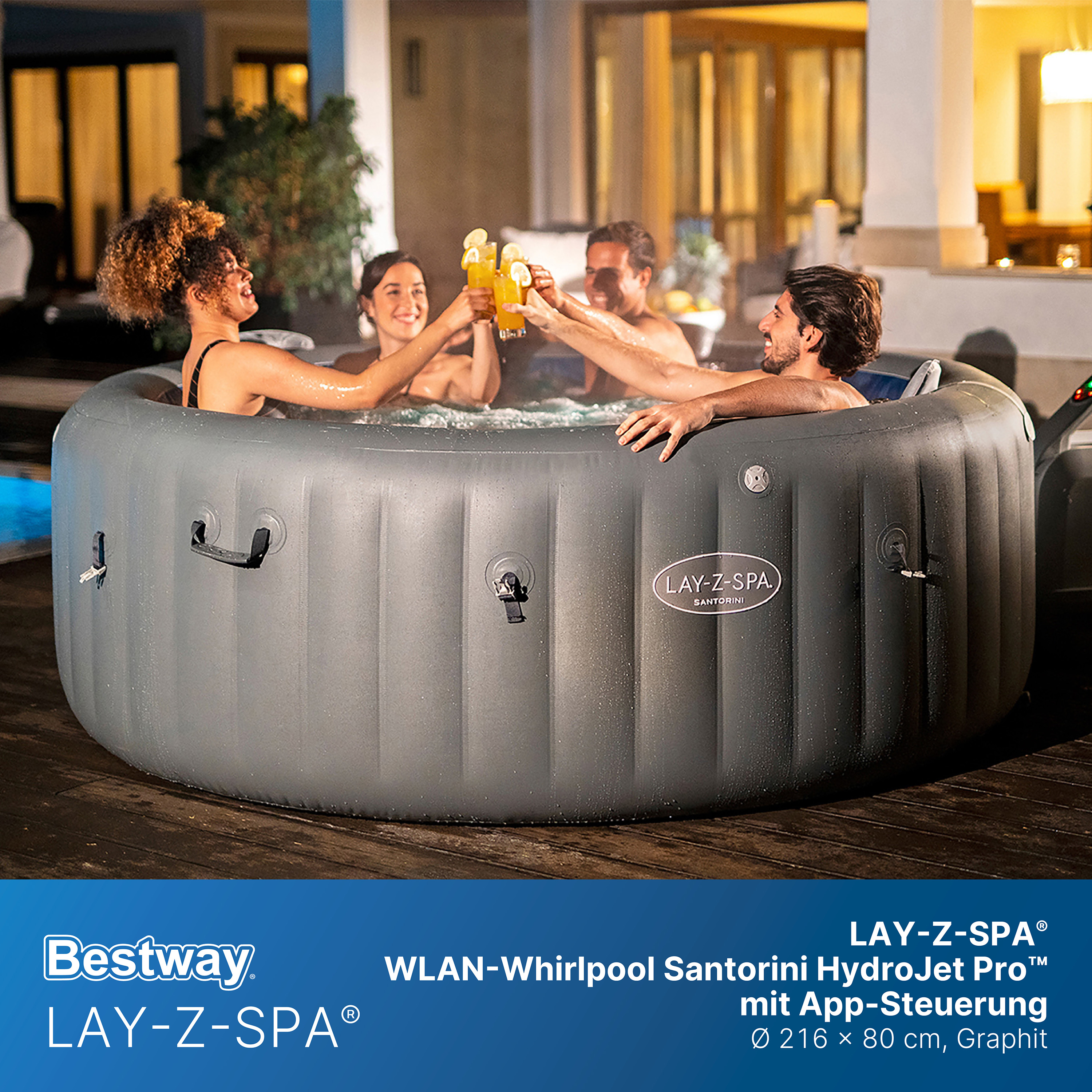 LAY-Z-SPA® Energiespar Whirlpool Santorini HydroJet Pro™ mit App-Steuerung, für 7 Personen Ø 216 x 80 cm, Graphit