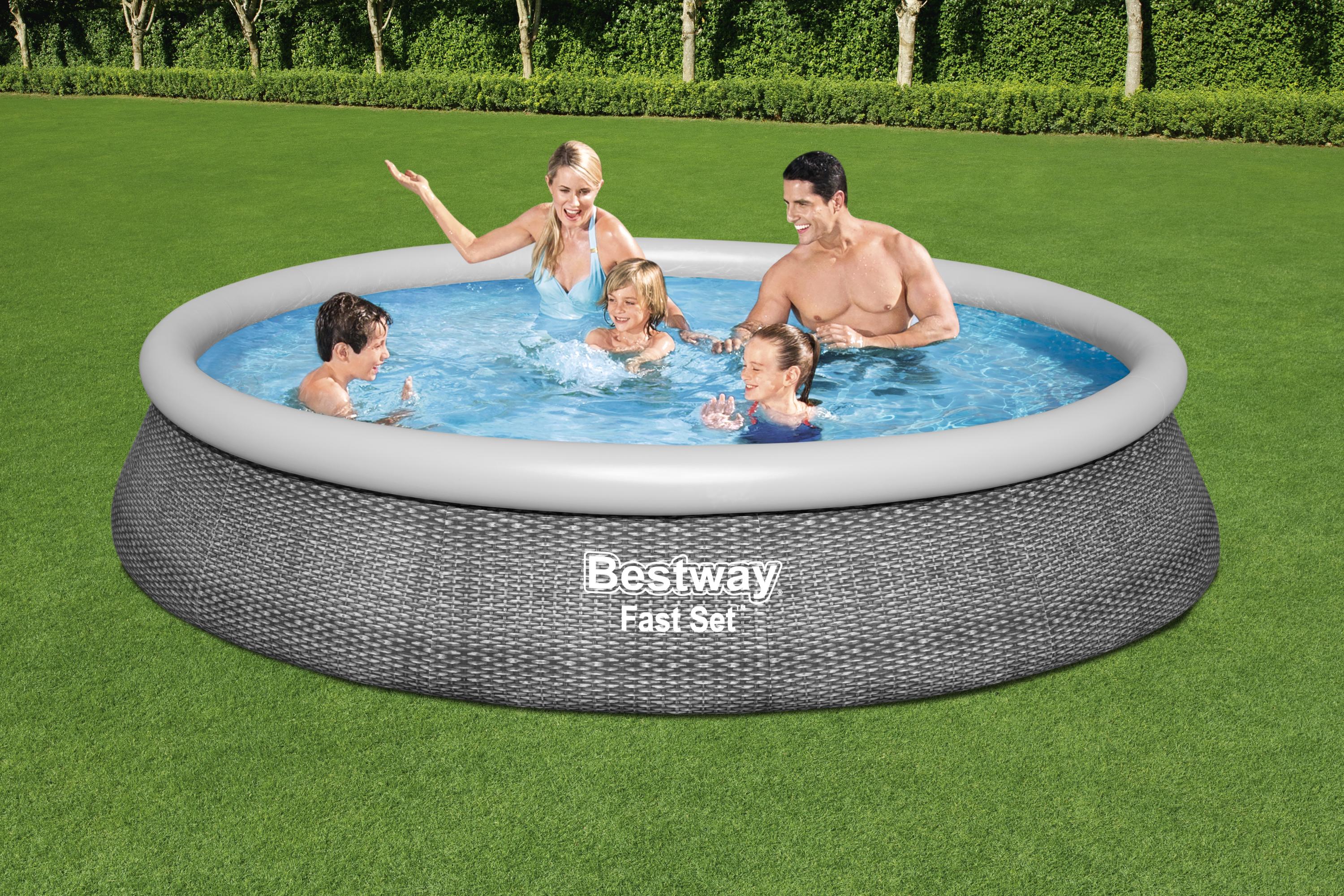 Fast Set™ Aufstellpool Set mit Filterpumpe Ø 396 x 84 cm, Rattan-Optik (Schiefergrau), rund
