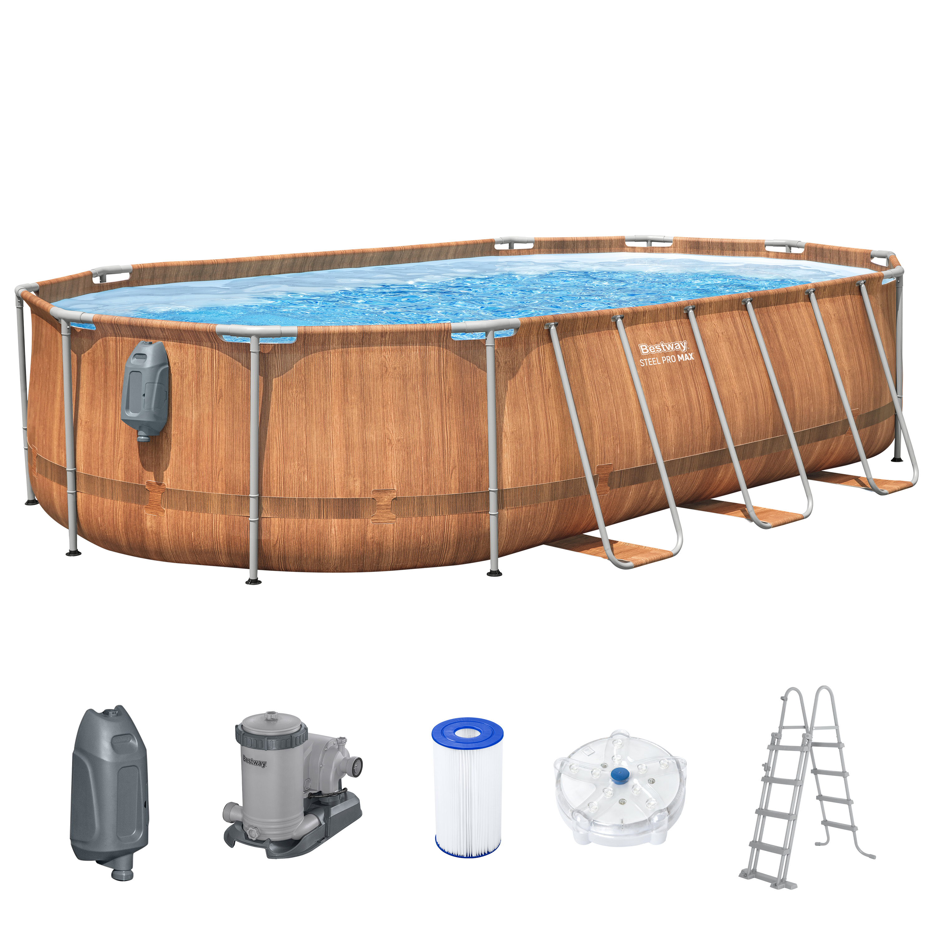 Steel Pro MAX™ Comfort Jet Series™ Frame Pool Set mit Filterpumpe 610 x 366 x 122 cm, Holz-Optik (Pinie), oval