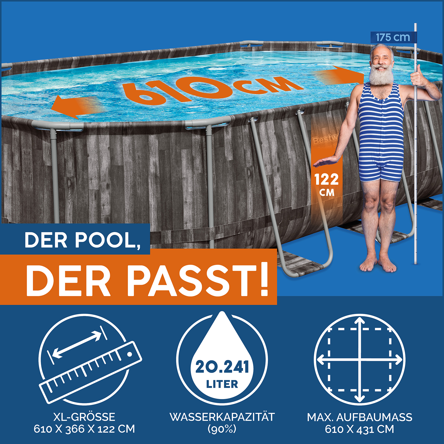 Power Steel™ Frame Pool Komplett Set mit Filterpumpe 610 x 366 x 122 cm , Holz-Optik (Mooreiche), oval