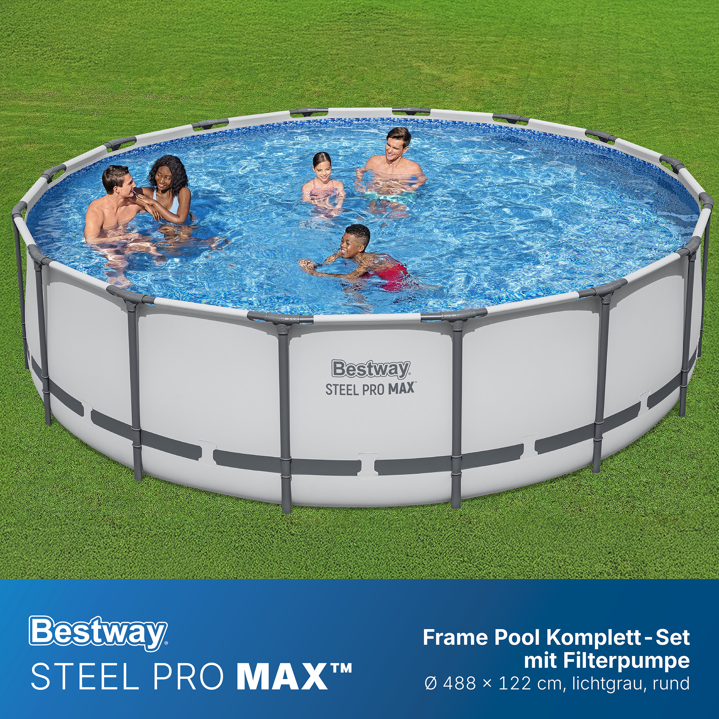 Steel Pro MAX™ Frame Pool Komplett Set mit Filterpumpe Ø 488 x 122 cm , lichtgrau, rund