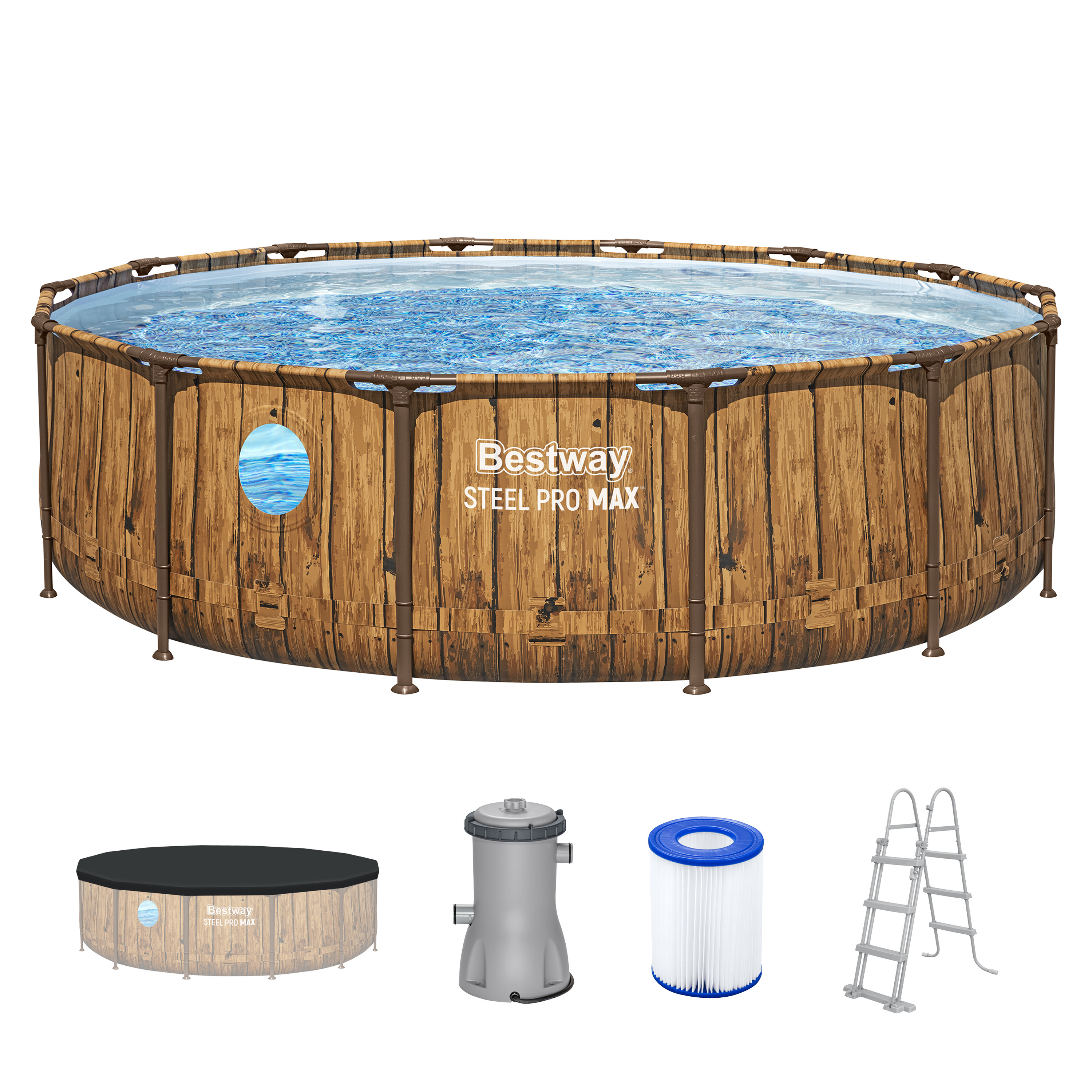 Steel Pro MAX™ Splashview™ Frame Pool Komplett Set mit Filterpumpe Ø 427 x 107 cm, Holz-Optik (Pinie), rund
