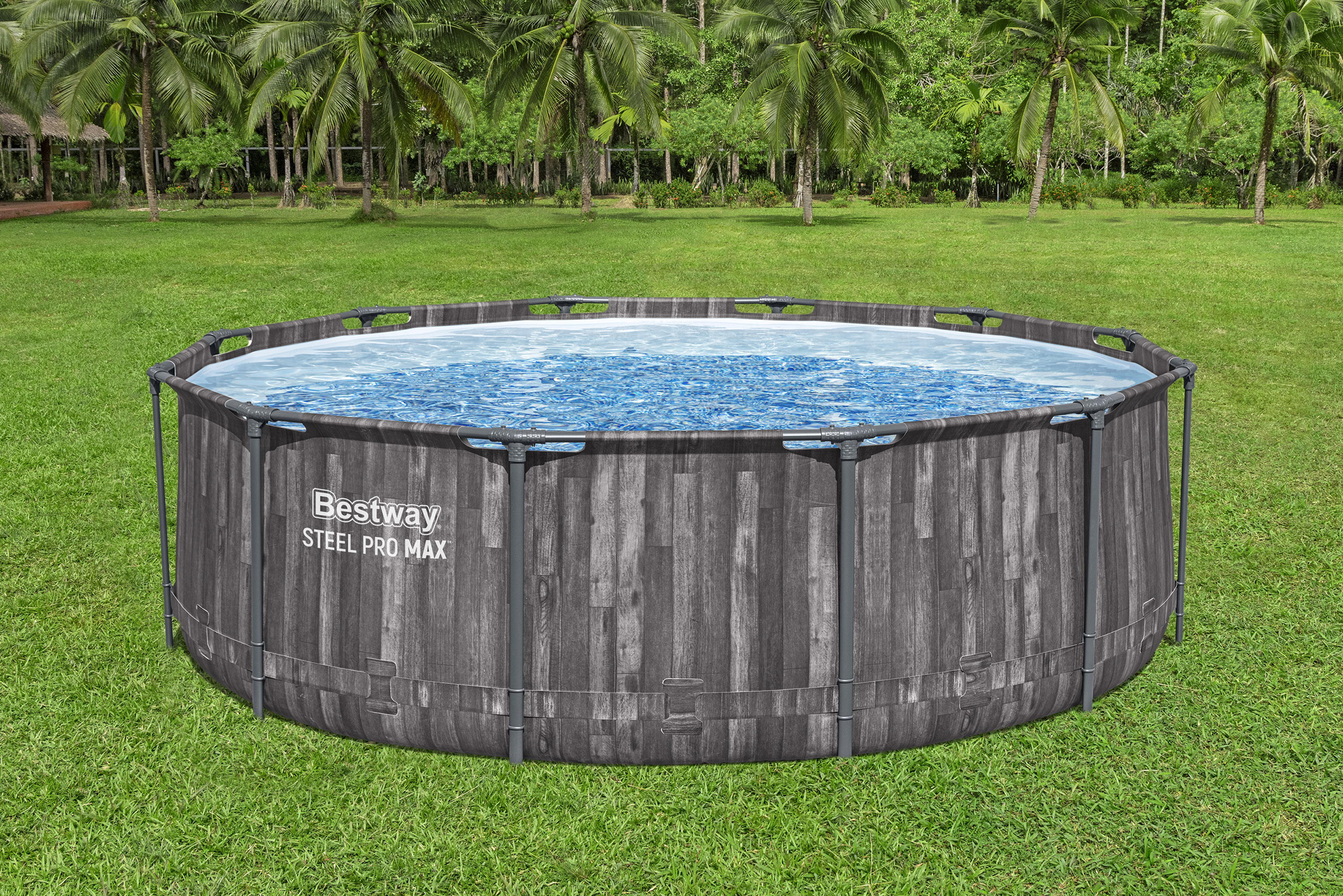 Steel Pro MAX™ Frame Pool-Set mit Filterpumpe Ø 366 x 100 cm, Holz-Optik (Mooreiche), rund