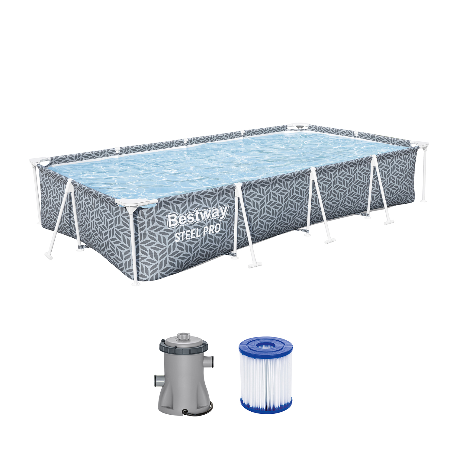 Steel Pro® Frame Pool Set mit Filterpumpe 366 x 201 x 66 cm, Blattform-Design, eckig