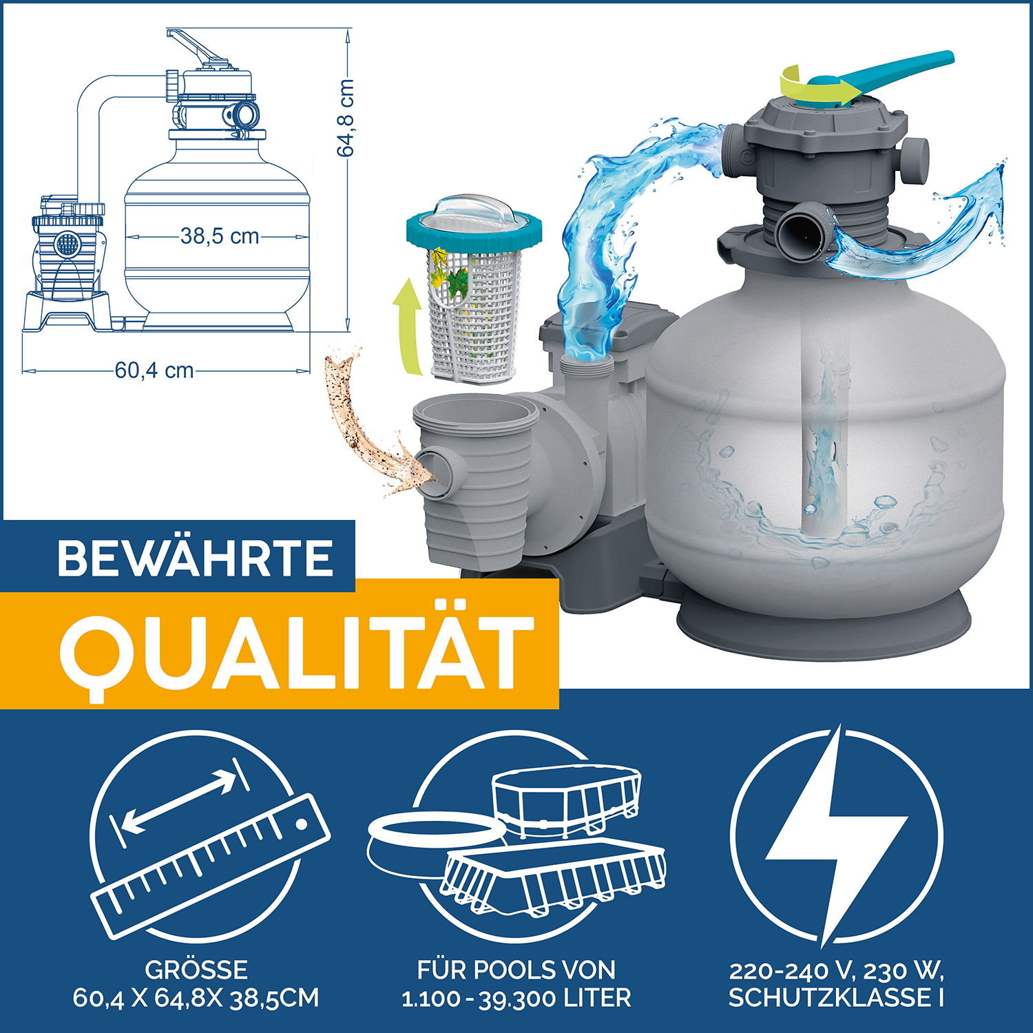 Sandfilteranlage mit Zeitschaltuhr 6.056 l/h, 230 W
