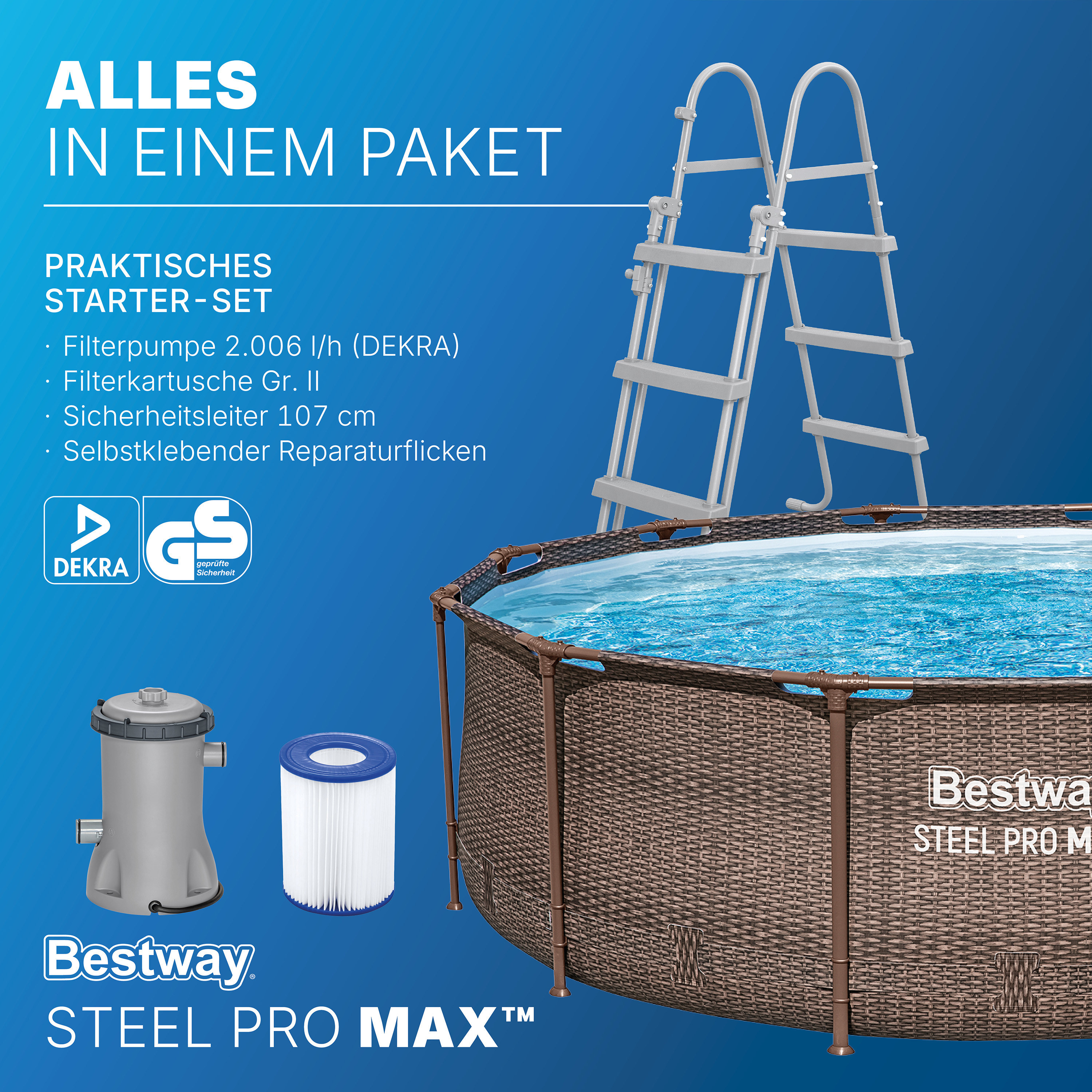 Steel Pro MAX™ Frame Pool Set mit Filterpumpe Ø 366 x 100 cm, Rattan-Optik (Schokobraun), rund