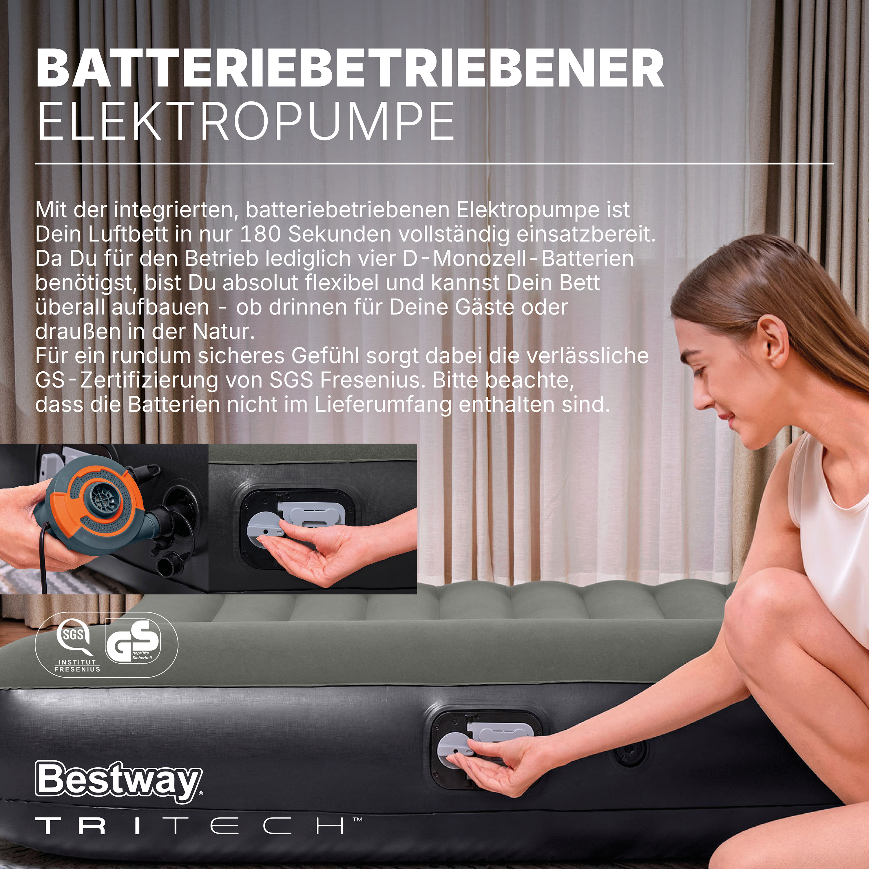 TriTech® Doppelluftbett mit integrierter, batteriebetriebener Elektropumpe 203 x 152 x 30 cm