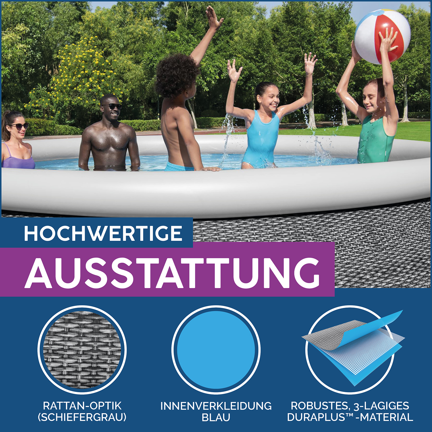 Fast Set™ Aufstellpool-Set mit Filterpumpe Ø 396 x 84 cm, Rattan-Optik (Schiefergrau), rund