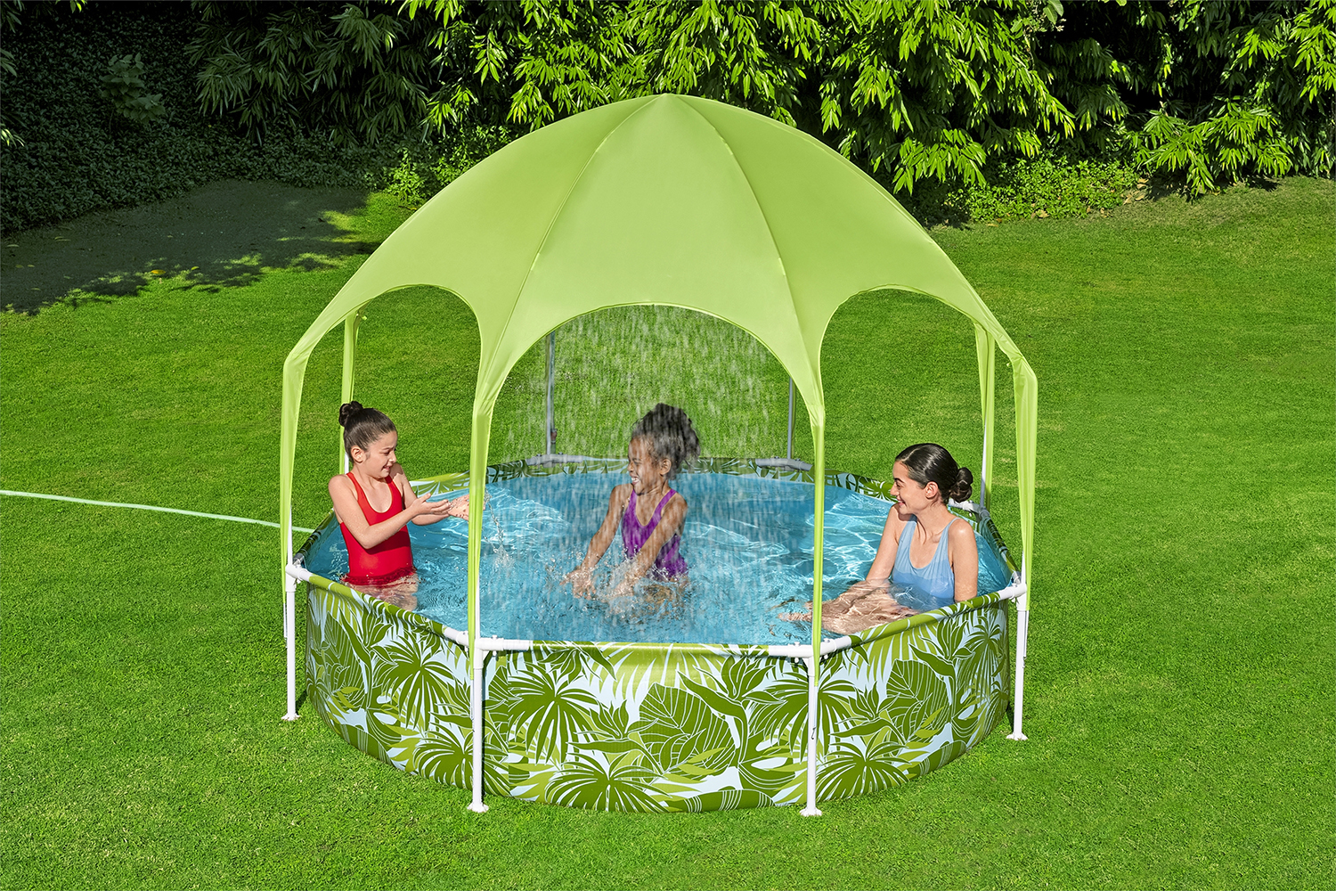 Steel Pro™ Frame Pool mit Sonnenschutzdach "Splash-in-Shade" ohne Pumpe Ø 244 x 51 cm, grünes Blätter-Design, rund 