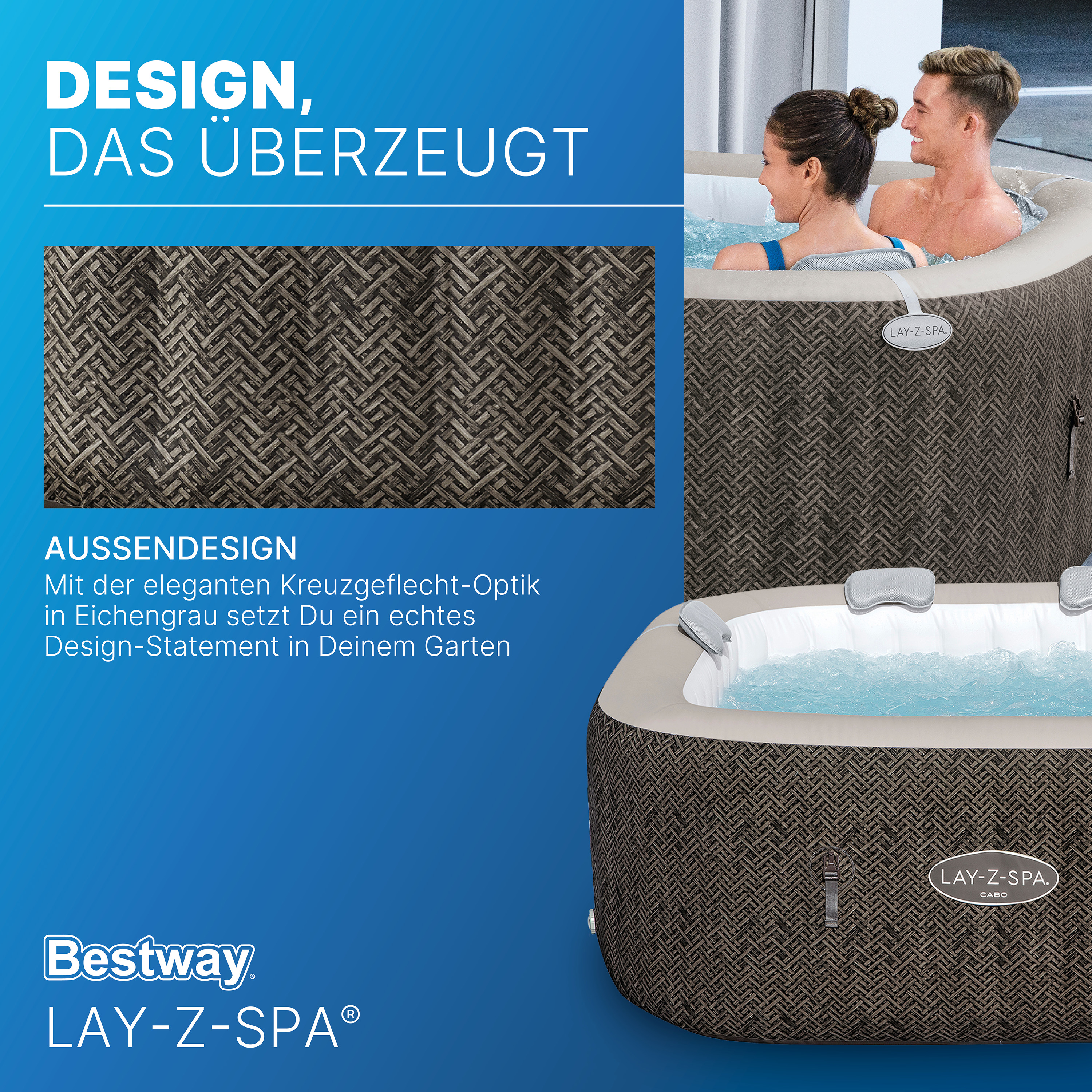 LAY-Z-SPA® Energiespar Whirlpool Cabo HydroJet™ mit App-Steuerung, für 6 Personen, 180 x 180 x 71 cm, Kreuzgeflecht-Optik (Eichengrau)