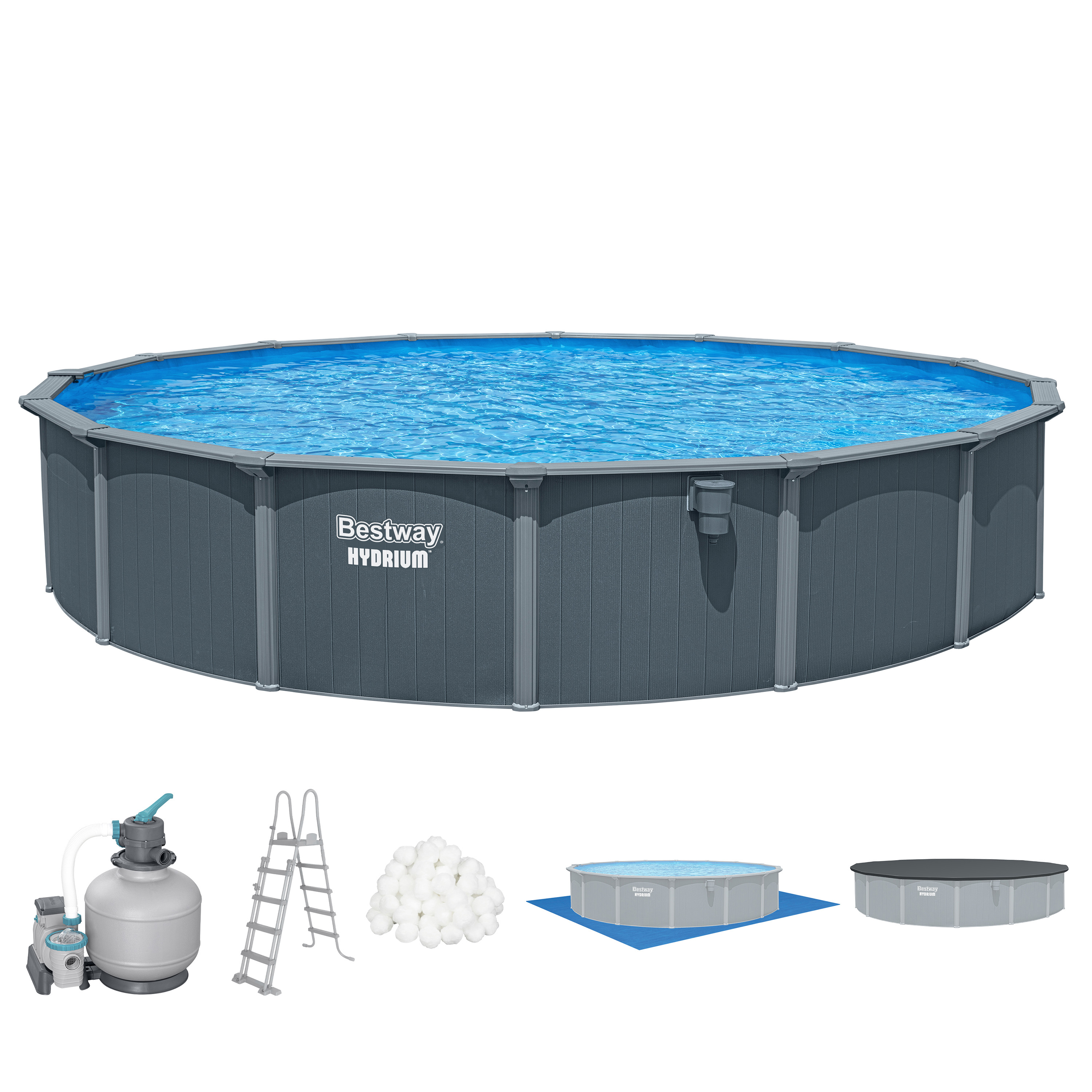 Hydrium™ Stahlwandpool Komplett Set mit Sandfilteranlage Ø 732 x 132 cm, Holz Optik (Grau), rund