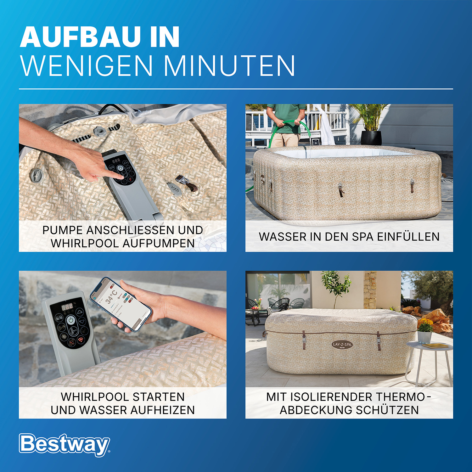 LAY-Z-SPA® Energiespar Whirlpool Rome AirJet™ mit App-Steuerung, für 7 Pers. 201 x 201 x 71 cm, Sandmarmor-Optik