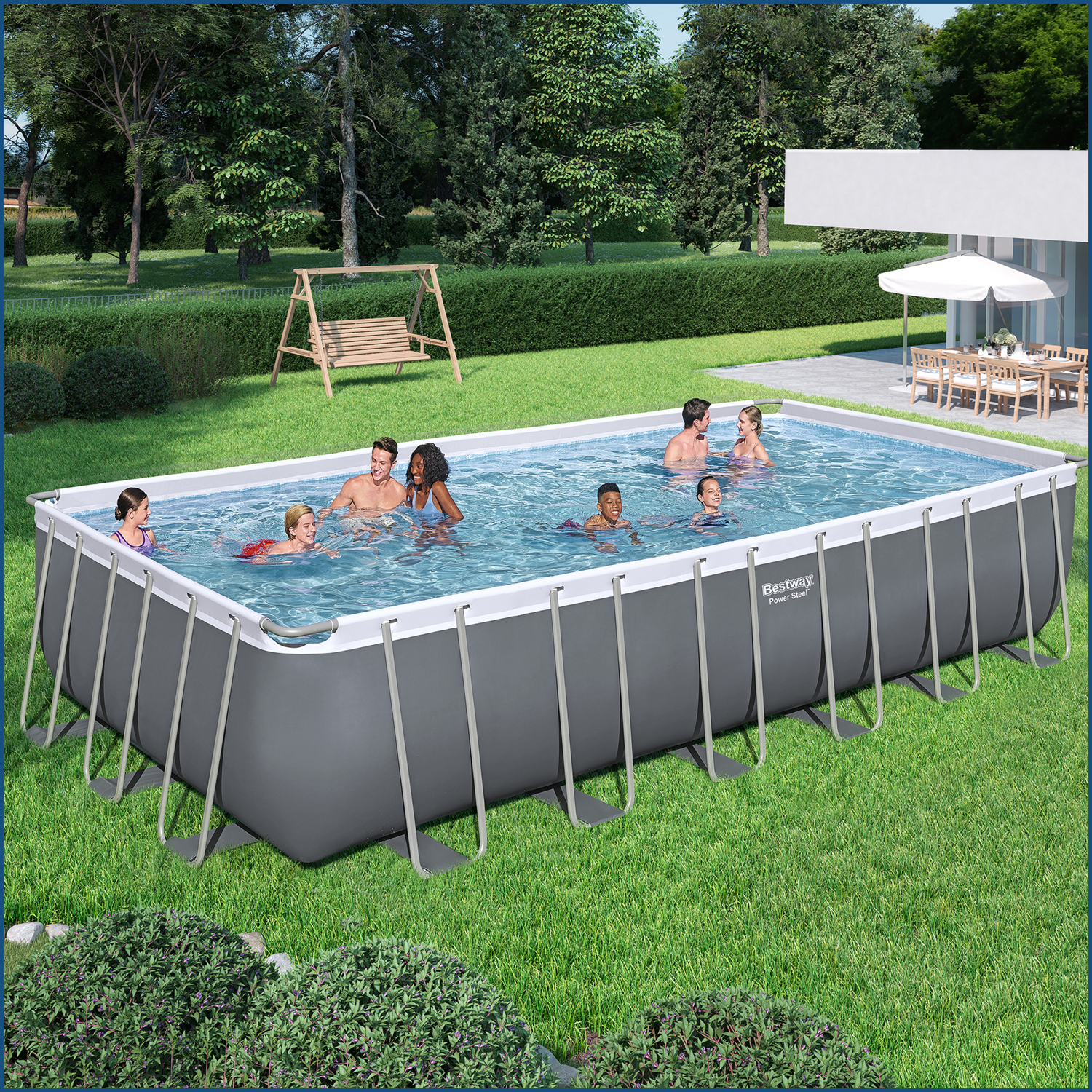 Power Steel™ Frame Pool Komplett-Set mit Sandfilteranlage 732 x 366 x 132 cm, grau, eckig