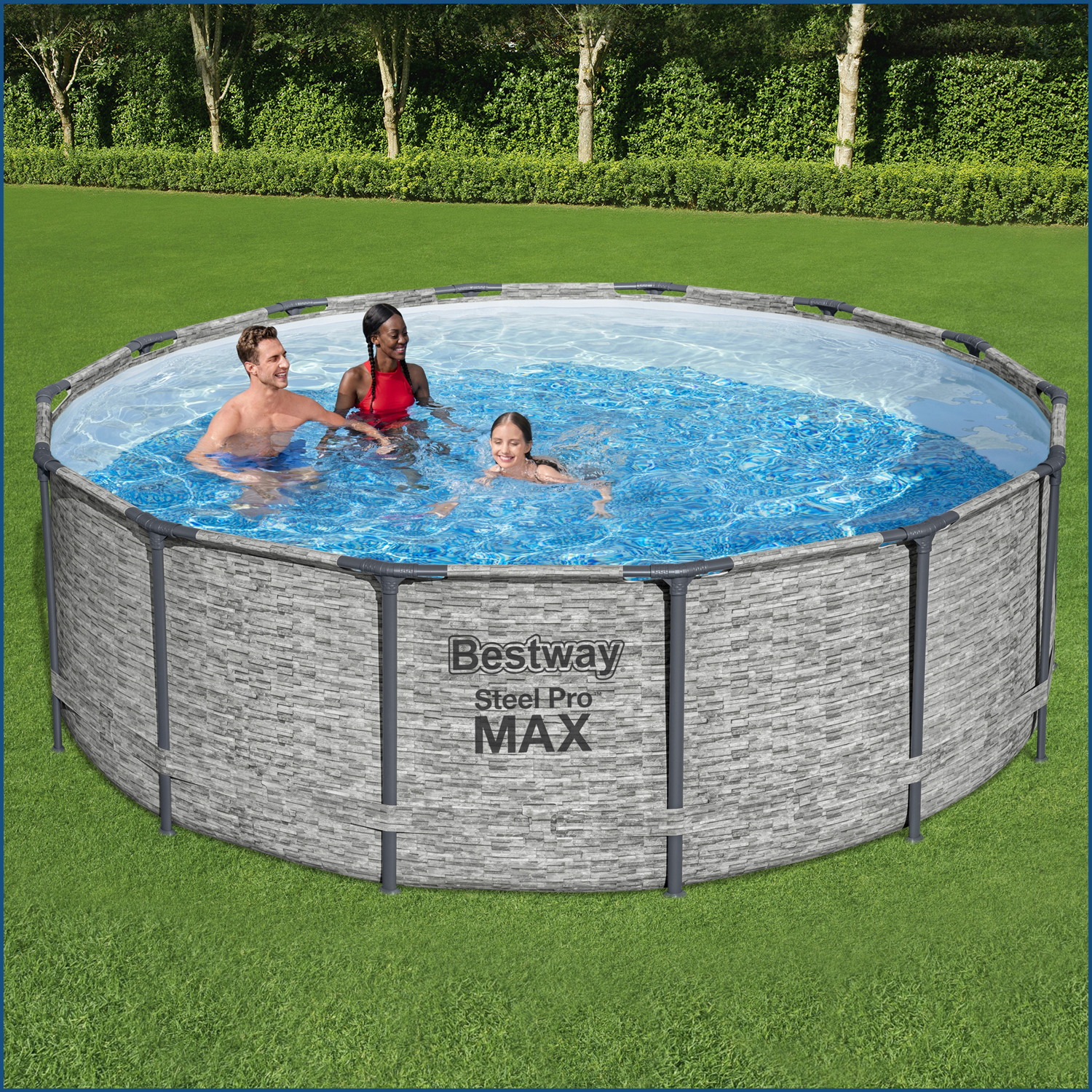 Steel Pro MAX™ Frame Pool Komplett-Set mit Filterpumpe Ø 427 x 122 cm, Steinwand-Optik (Cremegrau), rund