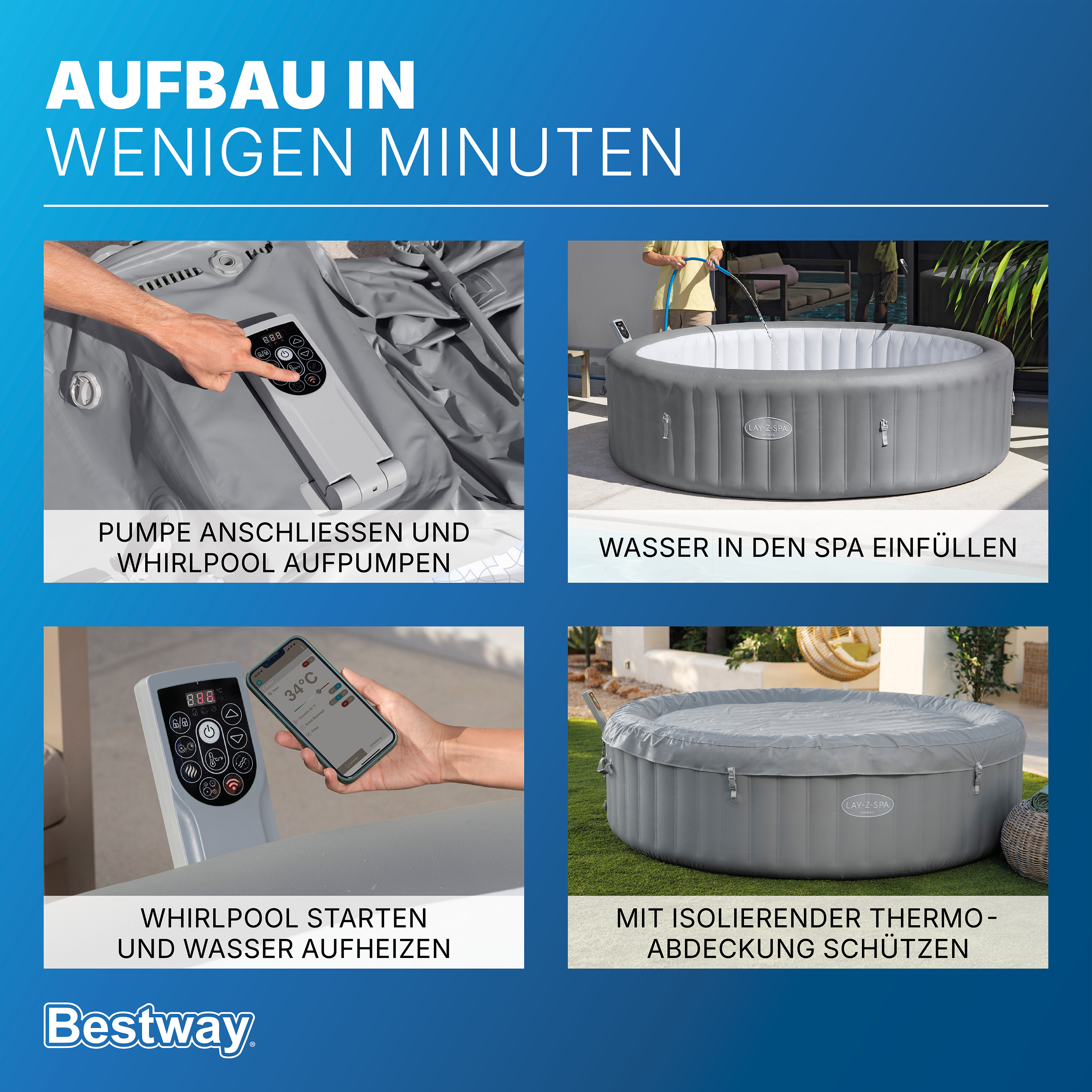 LAY-Z-SPA® Energiespar Whirlpool Hawaii AirJet™ mit App Steuerung, für 8 Personen Ø 236 x 71 cm, Silbergrau