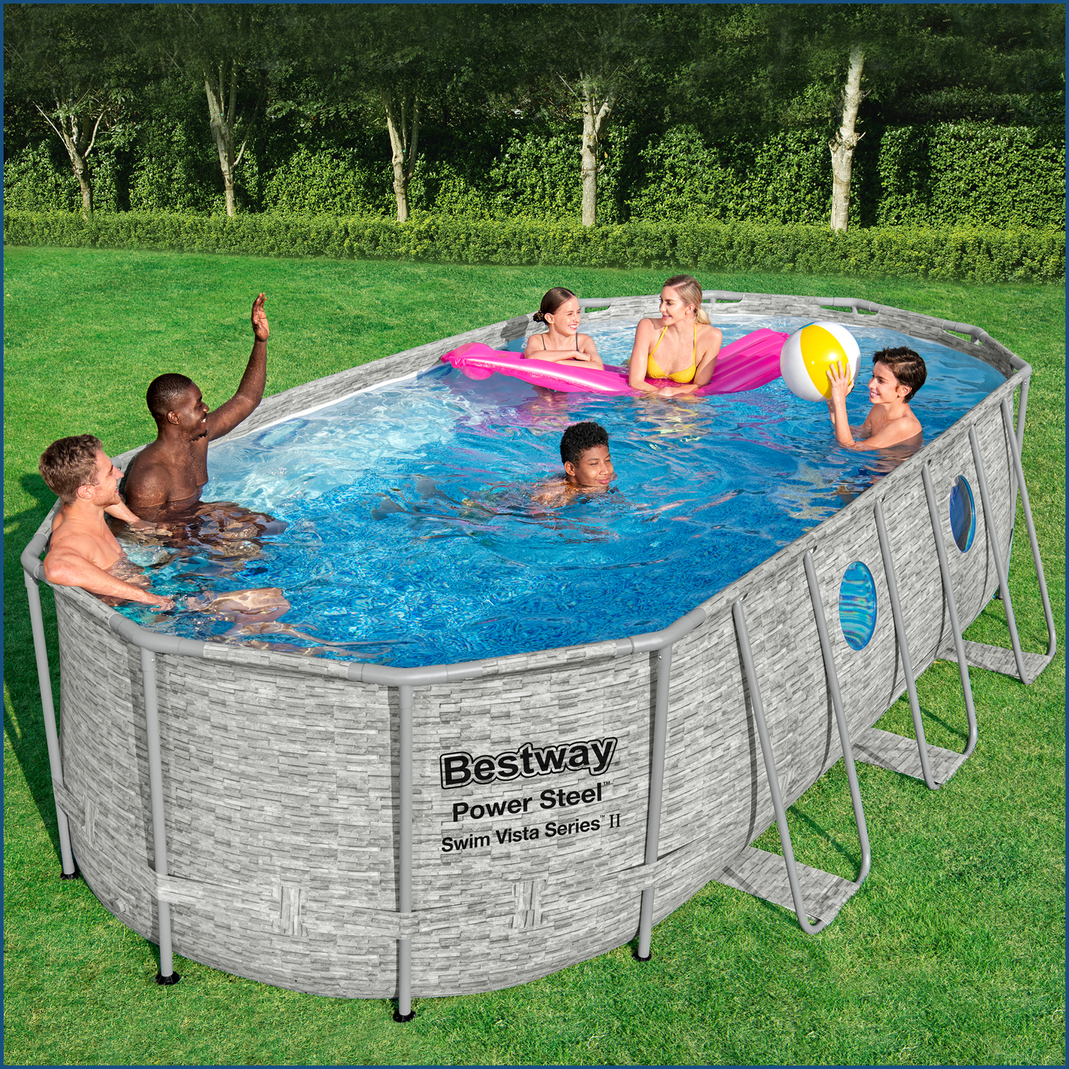 Power Steel™ Swim Vista Series™ Frame Pool Komplett-Set mit Filterpumpe 549 x 274 x 122 cm, Steinwand-Optik (Cremegrau), oval