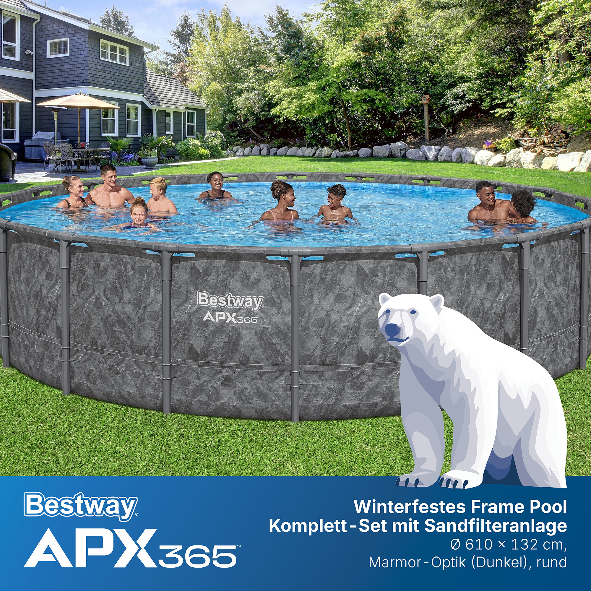 APX365™ Winterfestes Frame Pool Komplett Set mit Sandfilteranlage Ø 610 x 132 cm, Marmor-Optik (Dunkel), rund