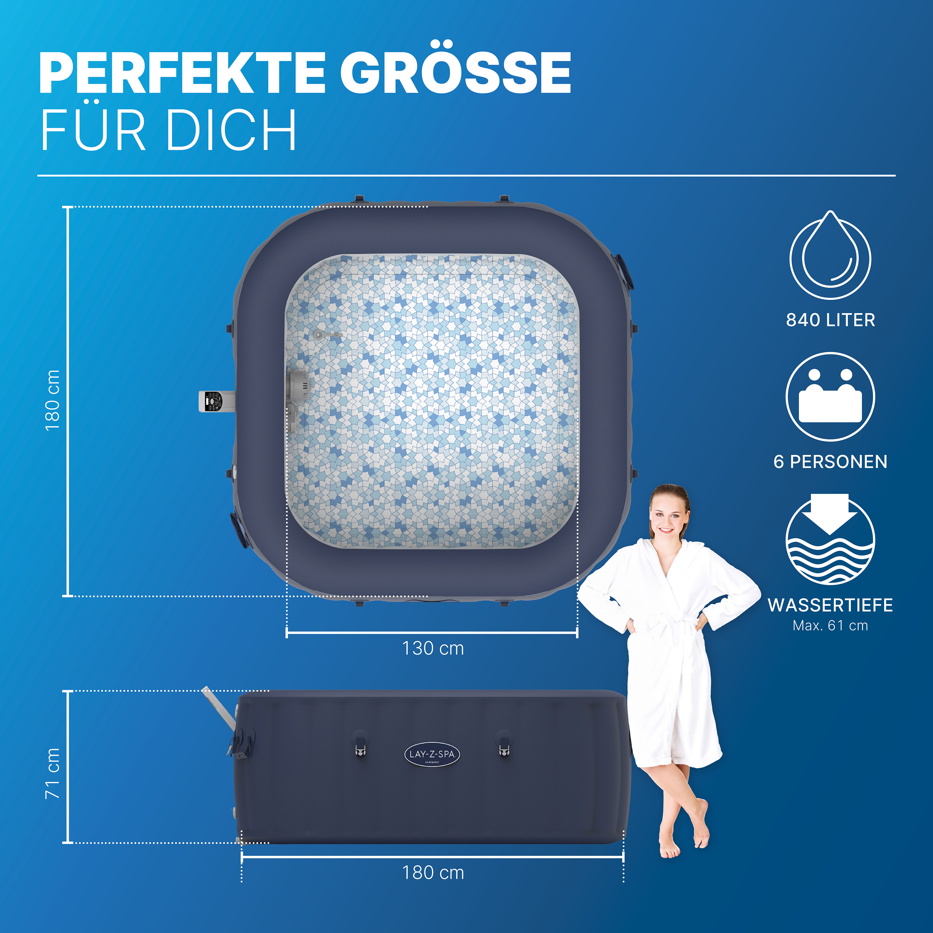 LAY-Z-SPA® Energiespar-Whirlpool Hawaii AirJet™ mit App-Steuerung, für 6 Personen, 180 x 180 x 71 cm, Kobaltblau