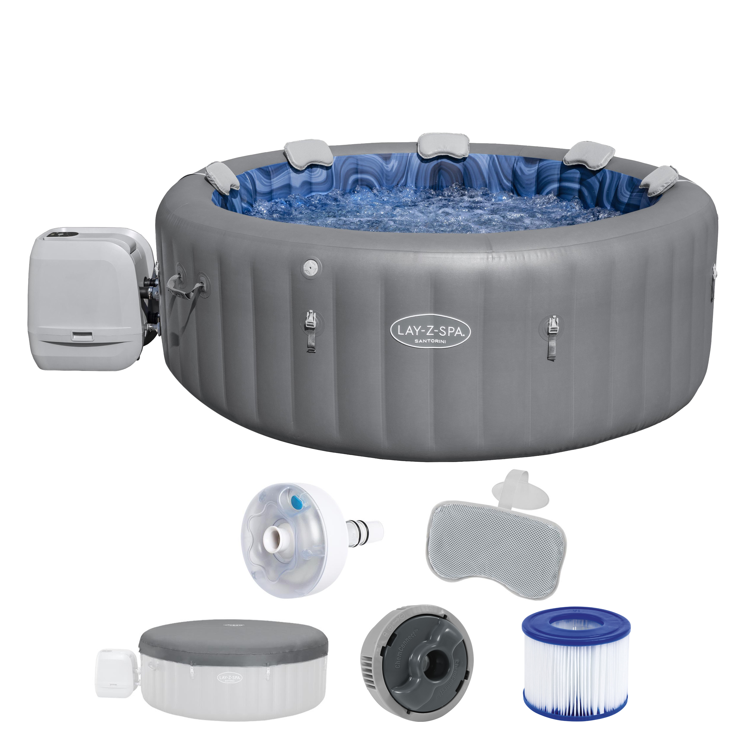 LAY-Z-SPA® WLAN-Whirlpool Santorini HydroJet Pro™ mit App-Steuerung, für 7 Personen Ø 216 x 80 cm, Graphit