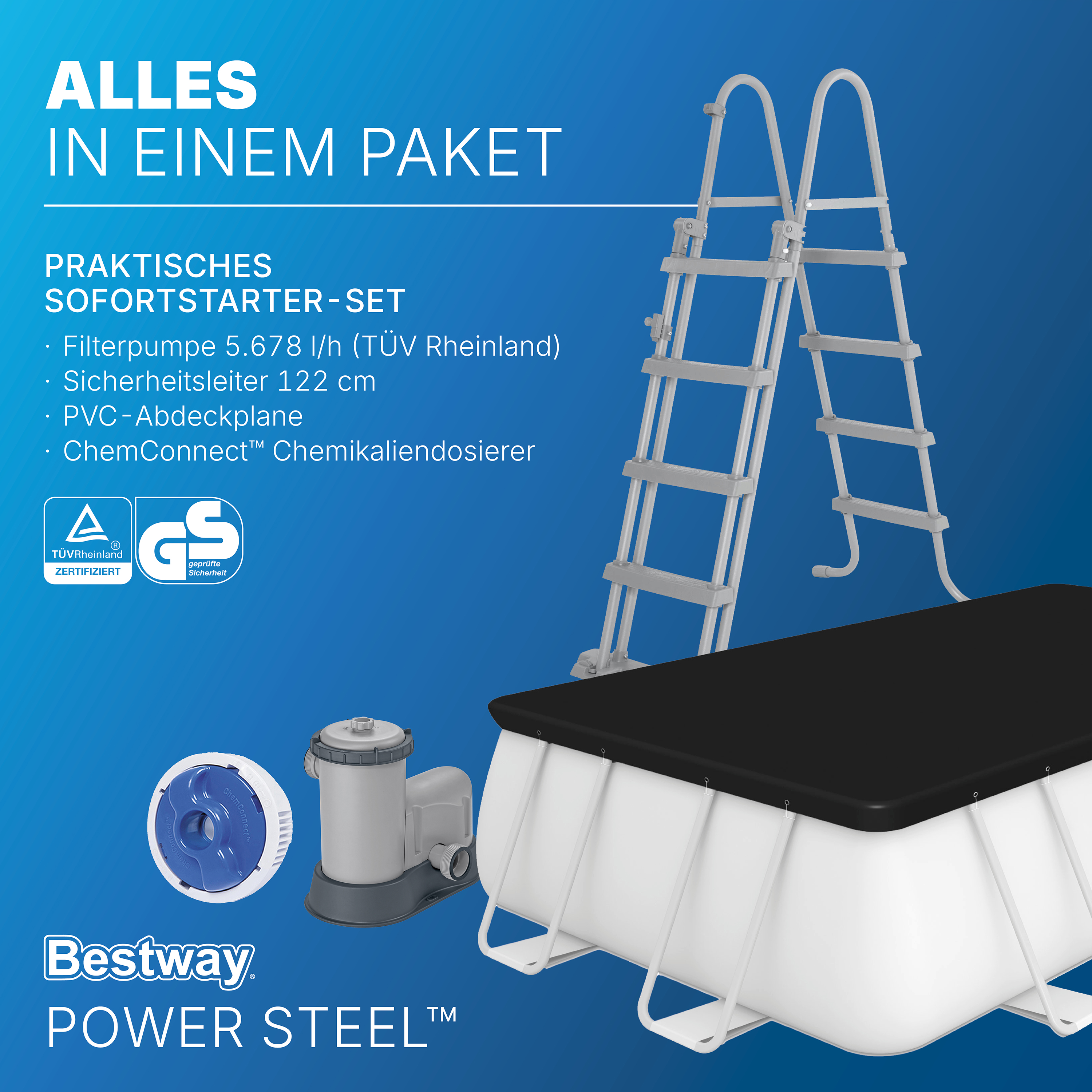 Power Steel™ Frame Pool Komplett-Set mit Filterpumpe 549 x 274 x 122 cm , lichtgrau, eckig