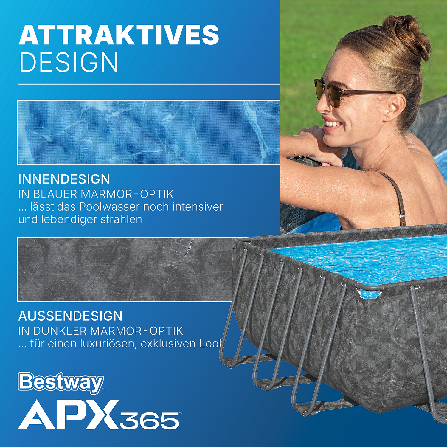 APX365™ Winterfestes Frame Pool Komplett-Set mit Sandfilteranlage 732 x 366 x 132 cm, Marmor-Optik (Dunkel), eckig